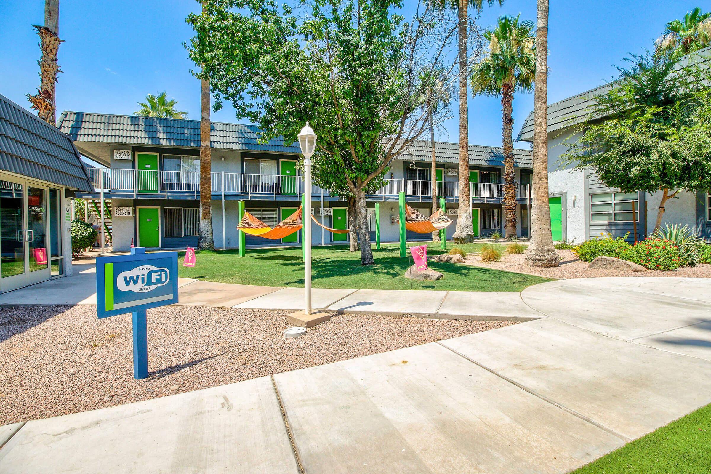 Lounge in courtyard hammocks at Studio 710.