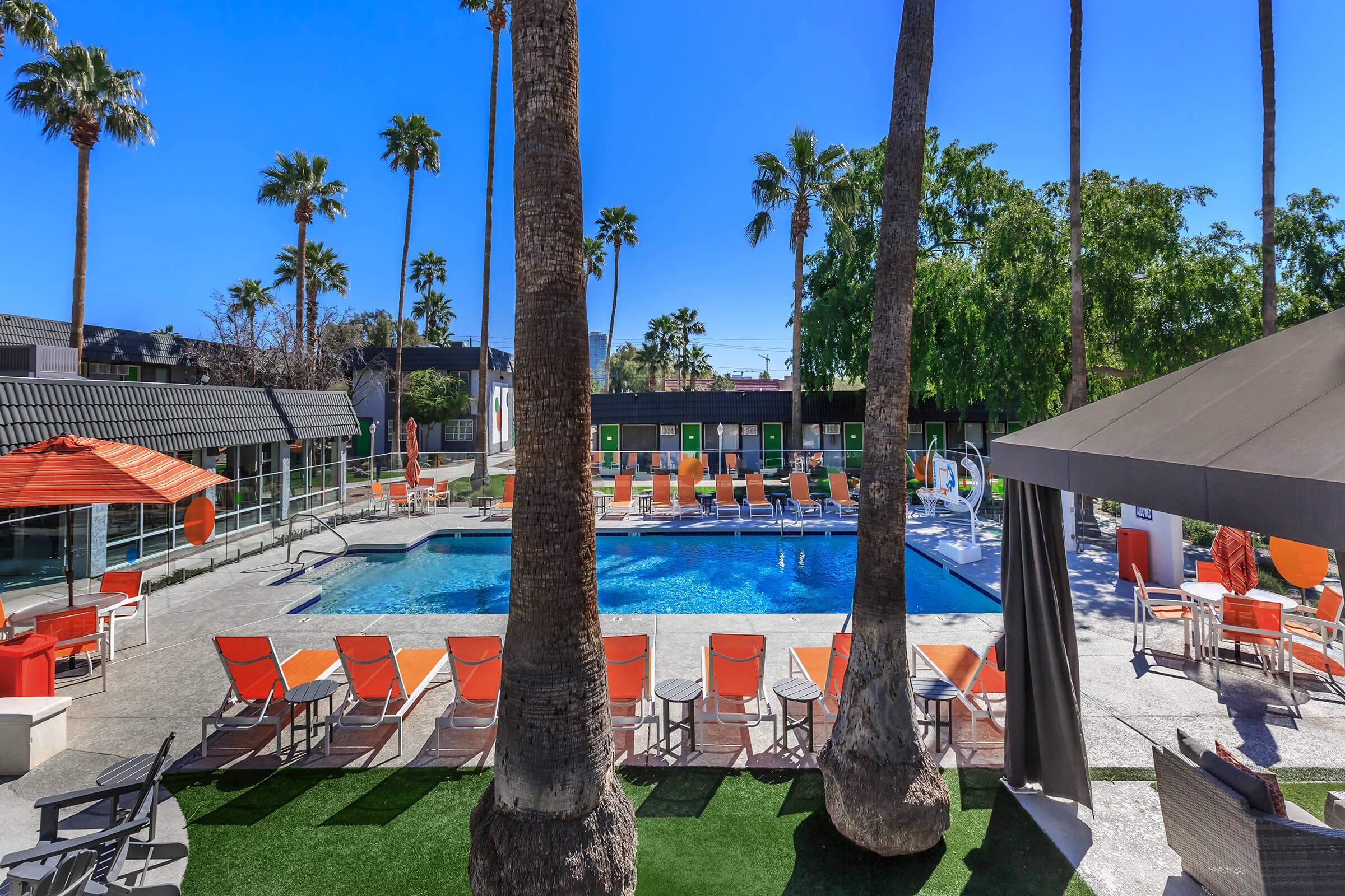 Lounge poolside in Studio 710s deck chairs and cabanas.
