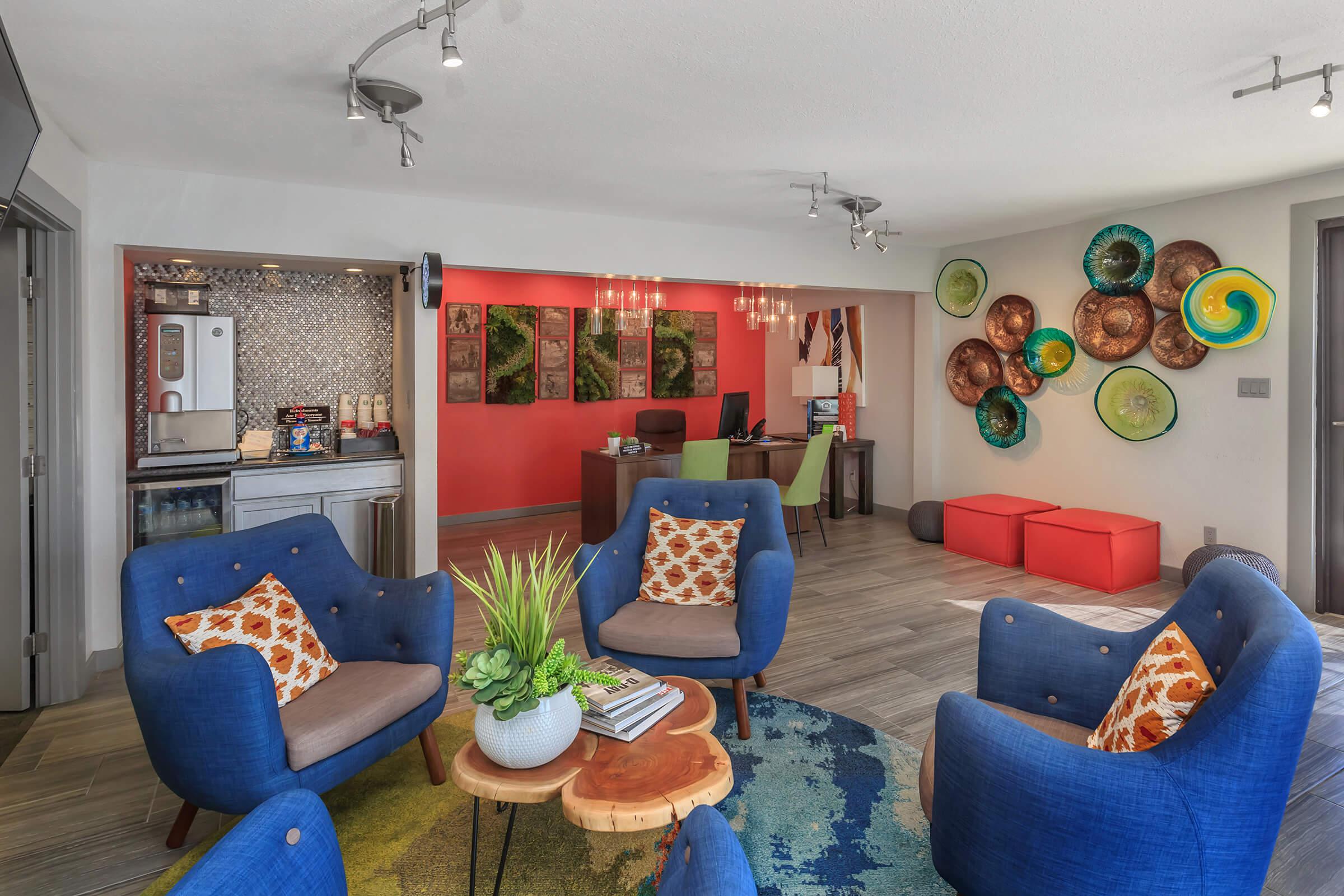 The clubhouse of Studio 710 offers plush seating in our community lounge.