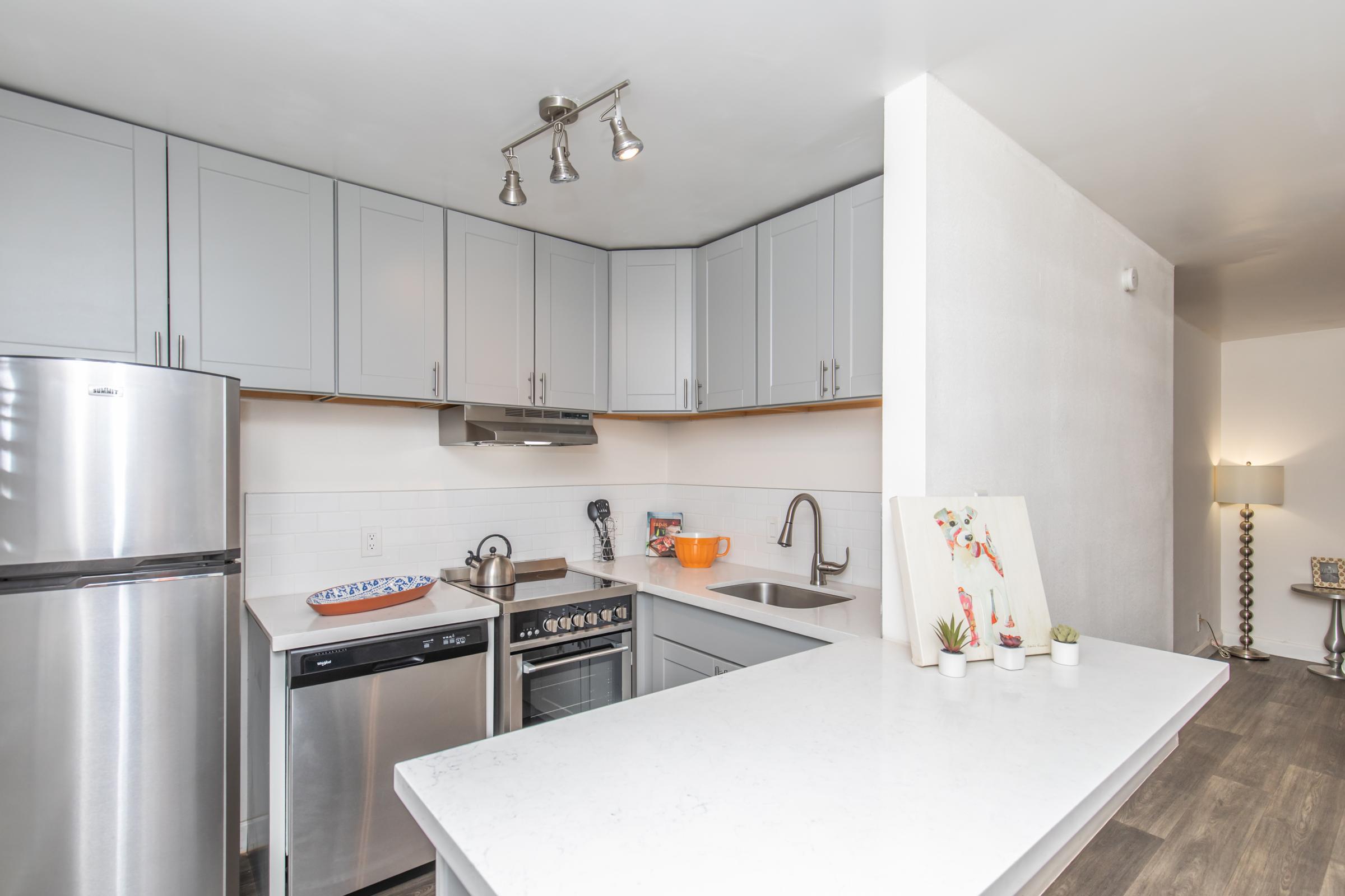 Modern kitchen featuring a stainless steel refrigerator, dishwasher, and gas stove. Gray cabinetry with wood accents above a white countertop. A small sink is situated next to kitchen essentials. Decorative items, including plants and artwork, are placed on the countertop, with a lamp providing ambient lighting in the background.