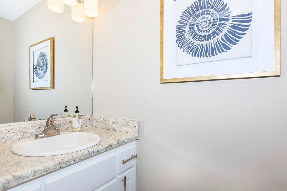 Bathroom sink, mirror and contemporary lighting at Laurel Ridge Apartments