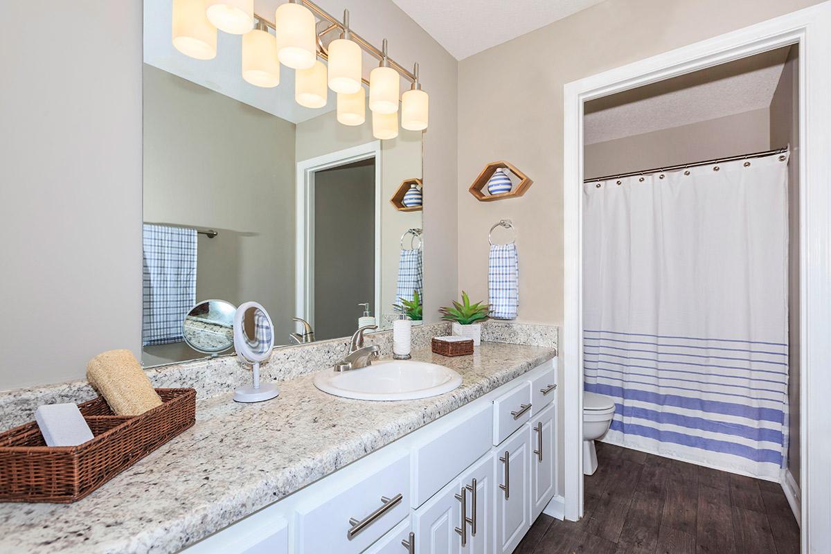 A Huge Bathroom Countertop with Lovely Modern Light Fixtures