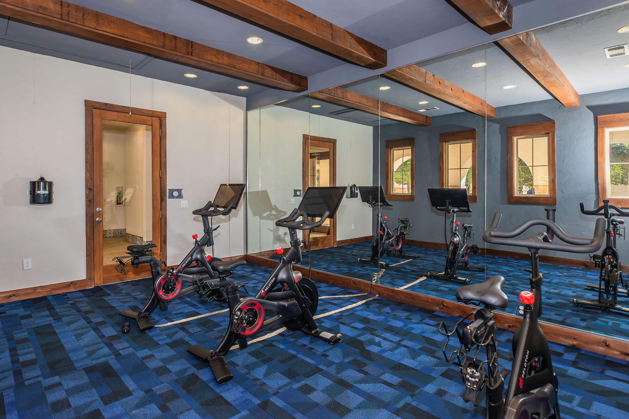 A modern fitness room featuring two stationary exercise bikes, large mirrors on the wall, and wooden beams on the ceiling. The floor is covered in blue carpeting, and there are windows allowing natural light into the space, creating a bright and inviting atmosphere for workouts.