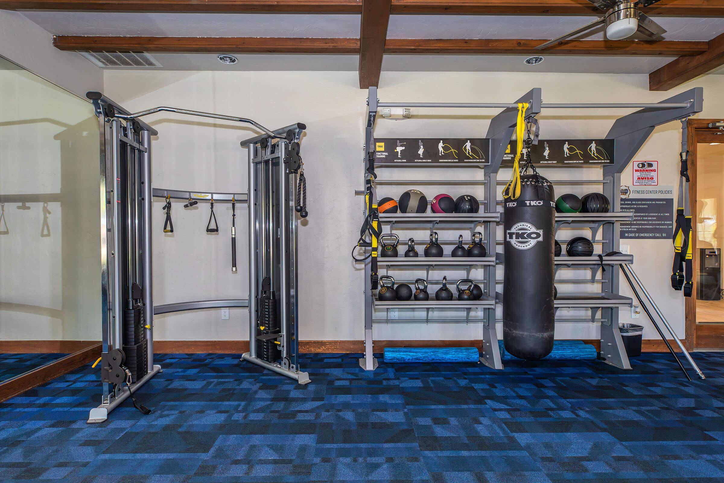 A fitness room featuring a cable machine on the left with adjustable pulleys and resistance bands, and a weight storage rack on the right with various kettlebells and a heavy bag. The floor is covered in blue carpeting, and there is a mirror on the left wall.