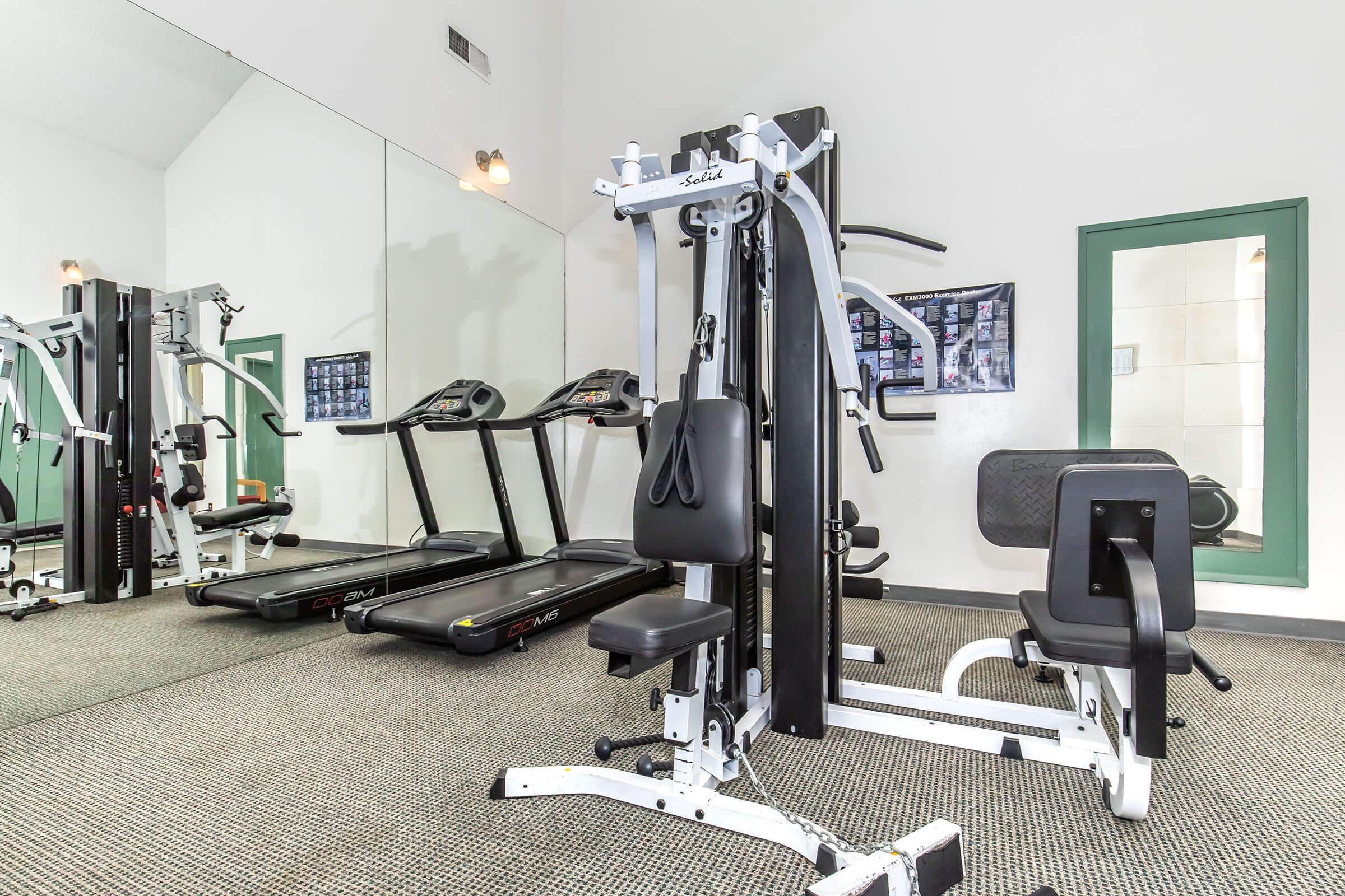 A fitness room featuring exercise equipment including a weight machine, two treadmills, and a large mirror. The flooring is carpeted, and there are fitness-related posters on the walls.