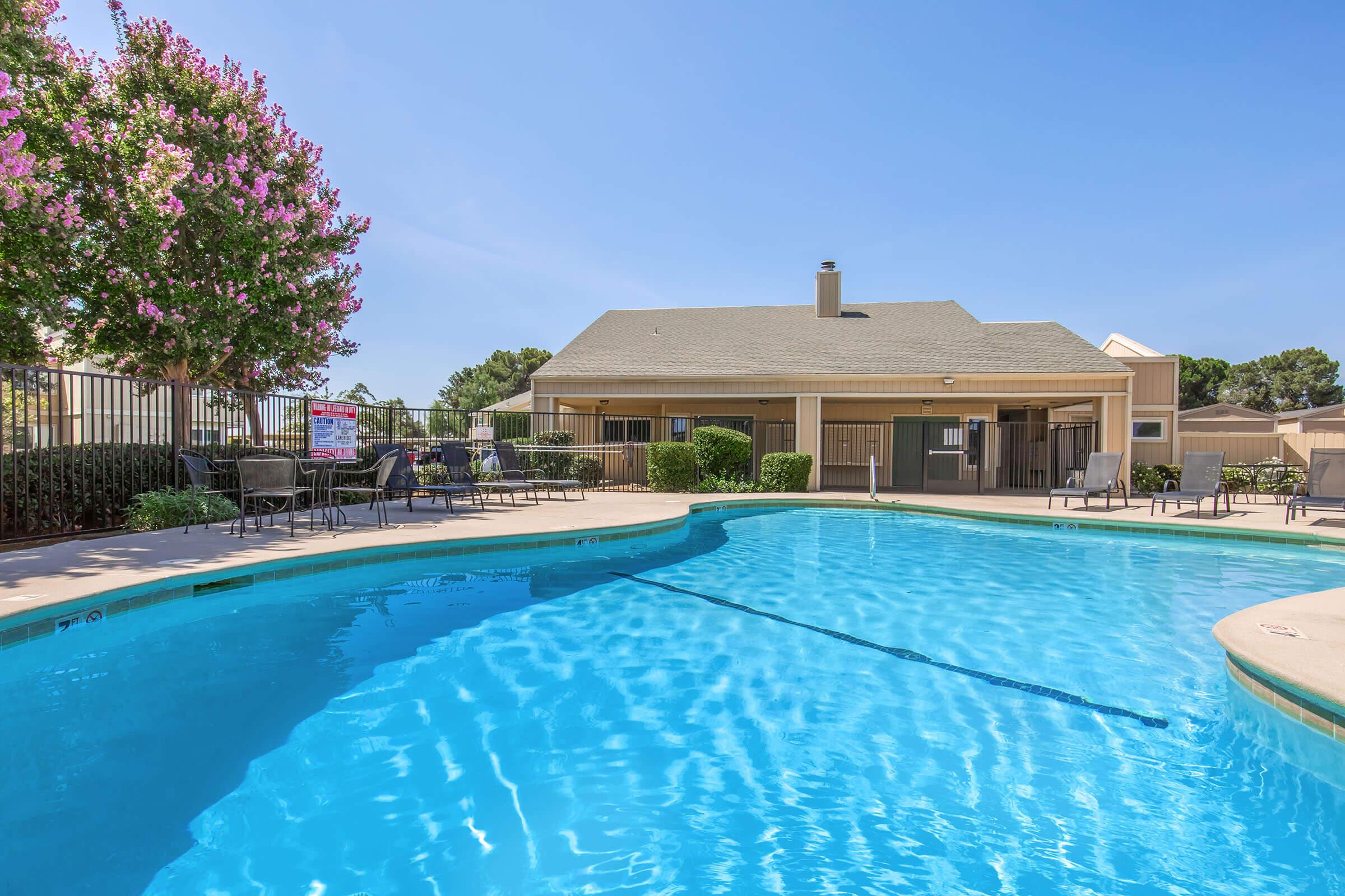 A clear blue swimming pool surrounded by lounge chairs, with a clubhouse in the background. The area features lush greenery and flowering trees, set under a bright blue sky.