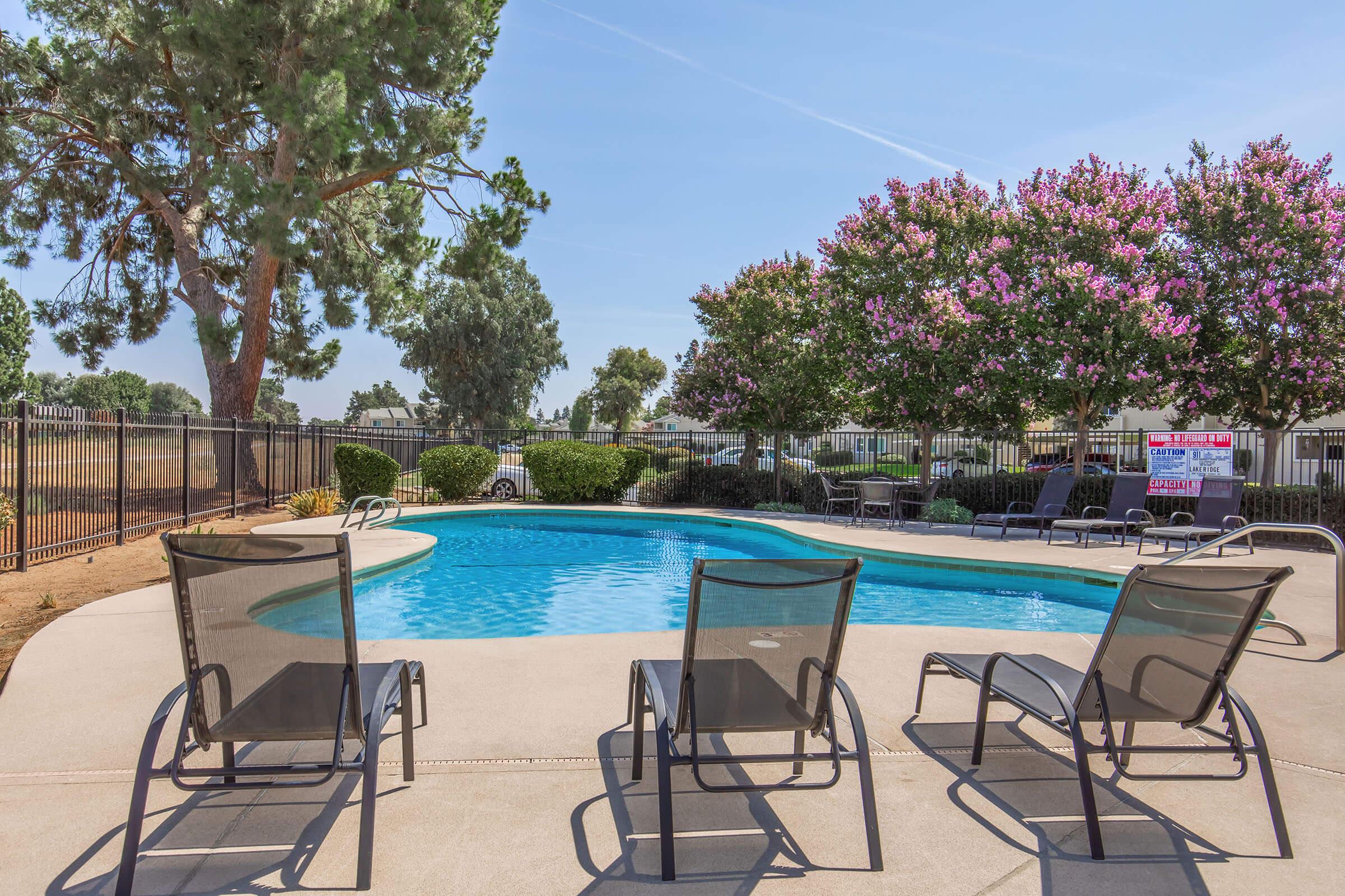 A sunny outdoor pool area featuring a crystal-clear swimming pool surrounded by lounge chairs. In the background, there are tall trees and flowering plants, with a fenced perimeter and additional seating options visible nearby. Ideal for relaxation and enjoyment in a serene setting.