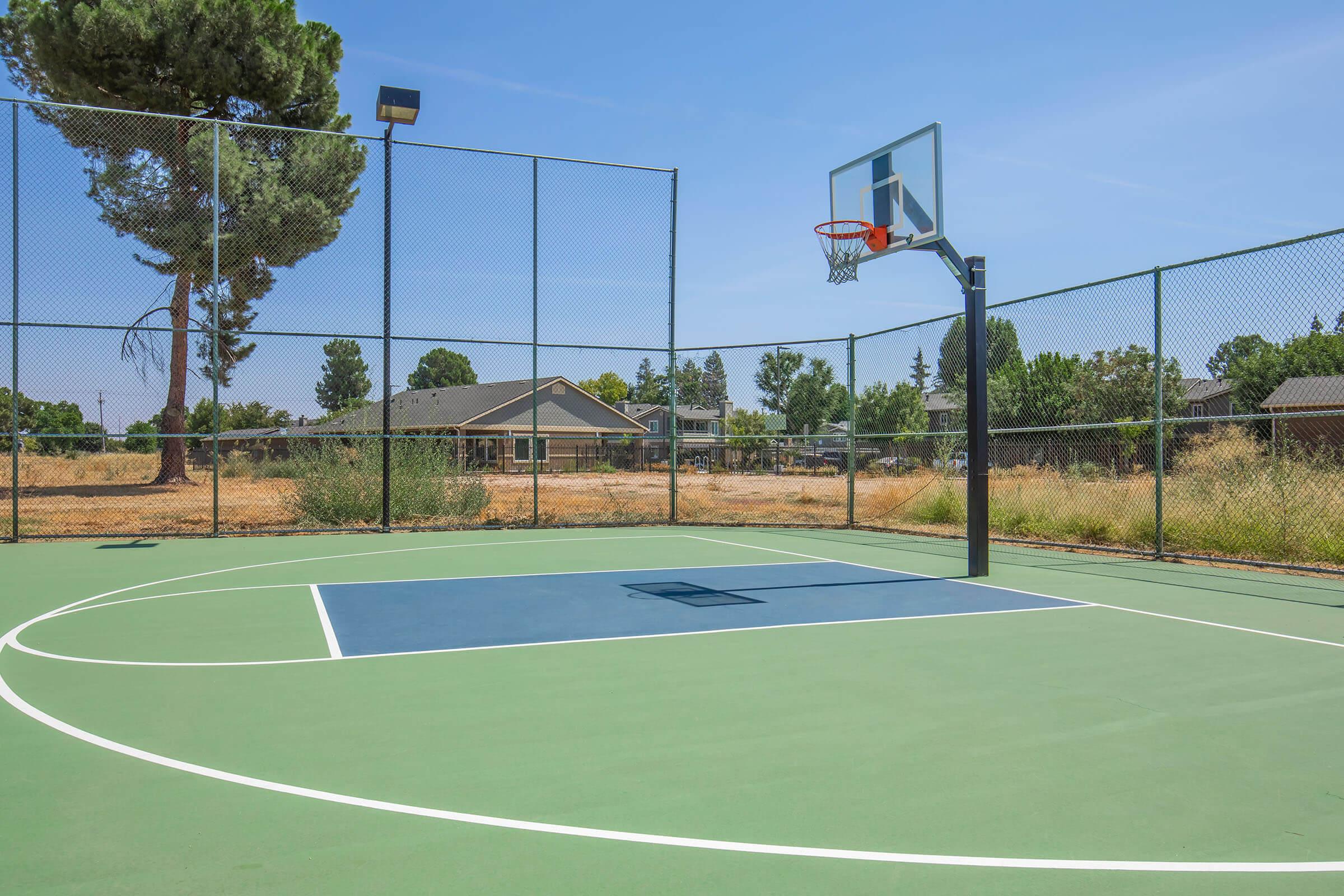 A basketball court with a hoop and backboard, surrounded by a chain-link fence. There are open grassy areas and some trees in the background, with houses visible beyond the court. The court features a blue section for free throw shots on a green playing surface under a clear blue sky.