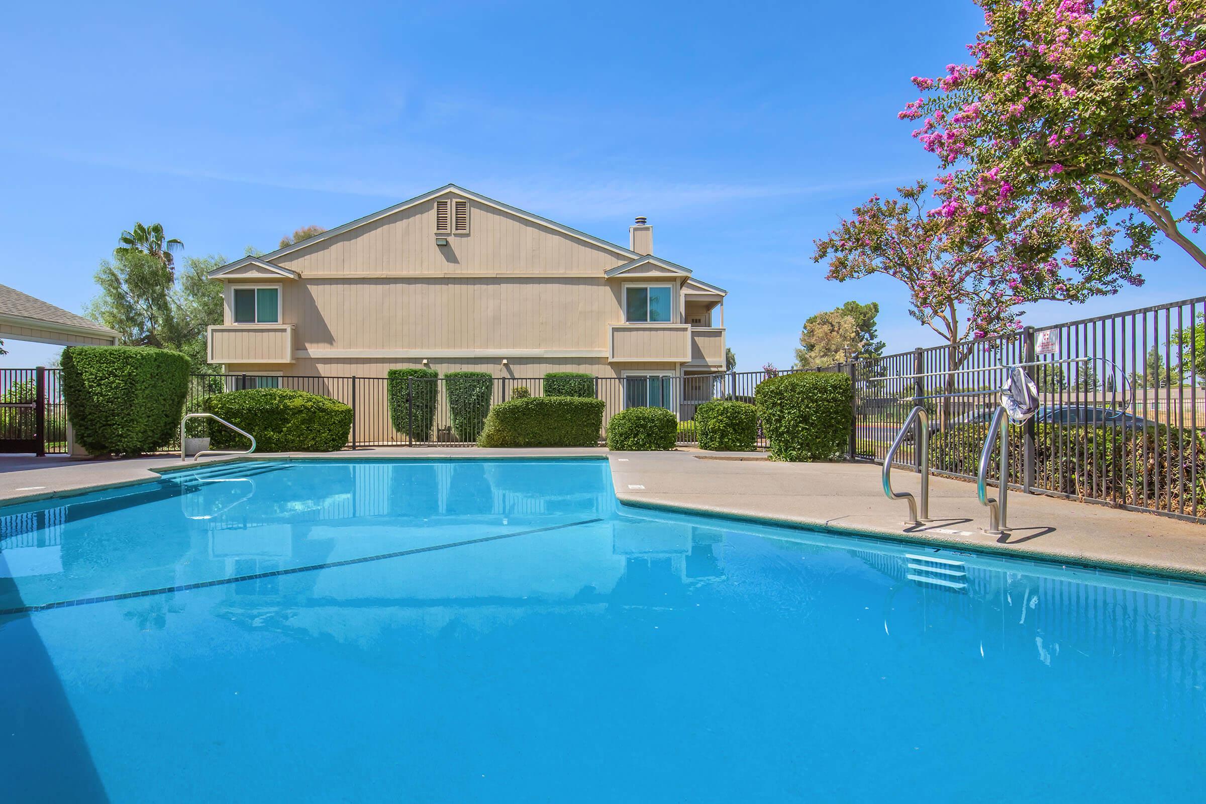 A clear blue swimming pool bordered by manicured hedges, with a multi-story beige building in the background. The sky is bright and sunny, and flowering trees add vibrant color to the scene. The pool area is enclosed by a fence, creating a tranquil outdoor setting.