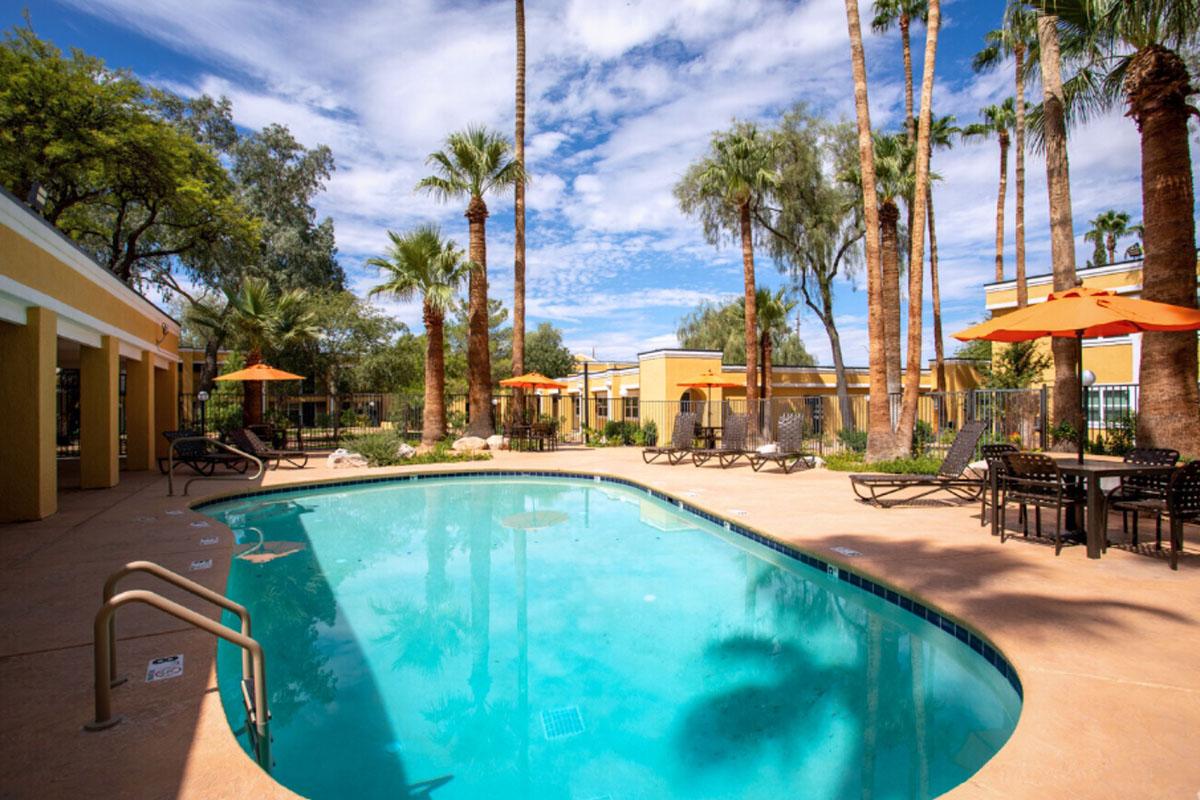 A sunny pool area surrounded by palm trees and orange umbrellas. The turquoise water of the pool reflects the blue sky and fluffy clouds. Lounge chairs are arranged around the pool area, creating a relaxing outdoor space. The scene conveys a tropical and leisure-filled atmosphere.