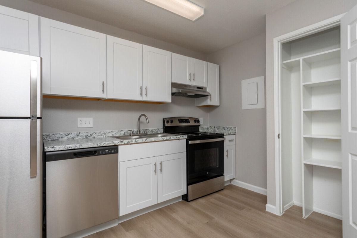 Modern kitchen featuring white cabinetry, a stainless steel refrigerator, a dishwasher, and an oven. The countertop is granite, and the walls are painted in a soft gray. There is a small closet or pantry adjacent to the kitchen, with a large window providing natural light. The flooring is a light wood laminate.