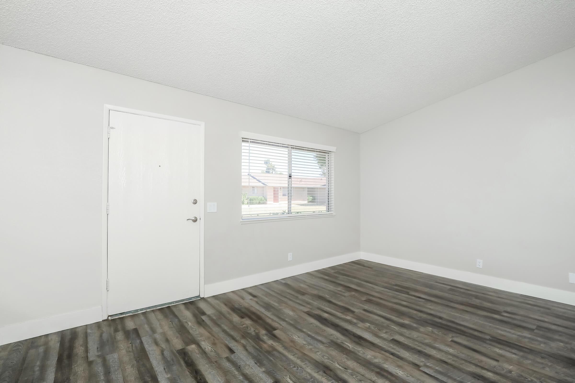 A bright and empty room with light gray walls and wooden floors. There's a closed door on one side and a window with white blinds letting in natural light. The space appears clean and ready for furnishing.