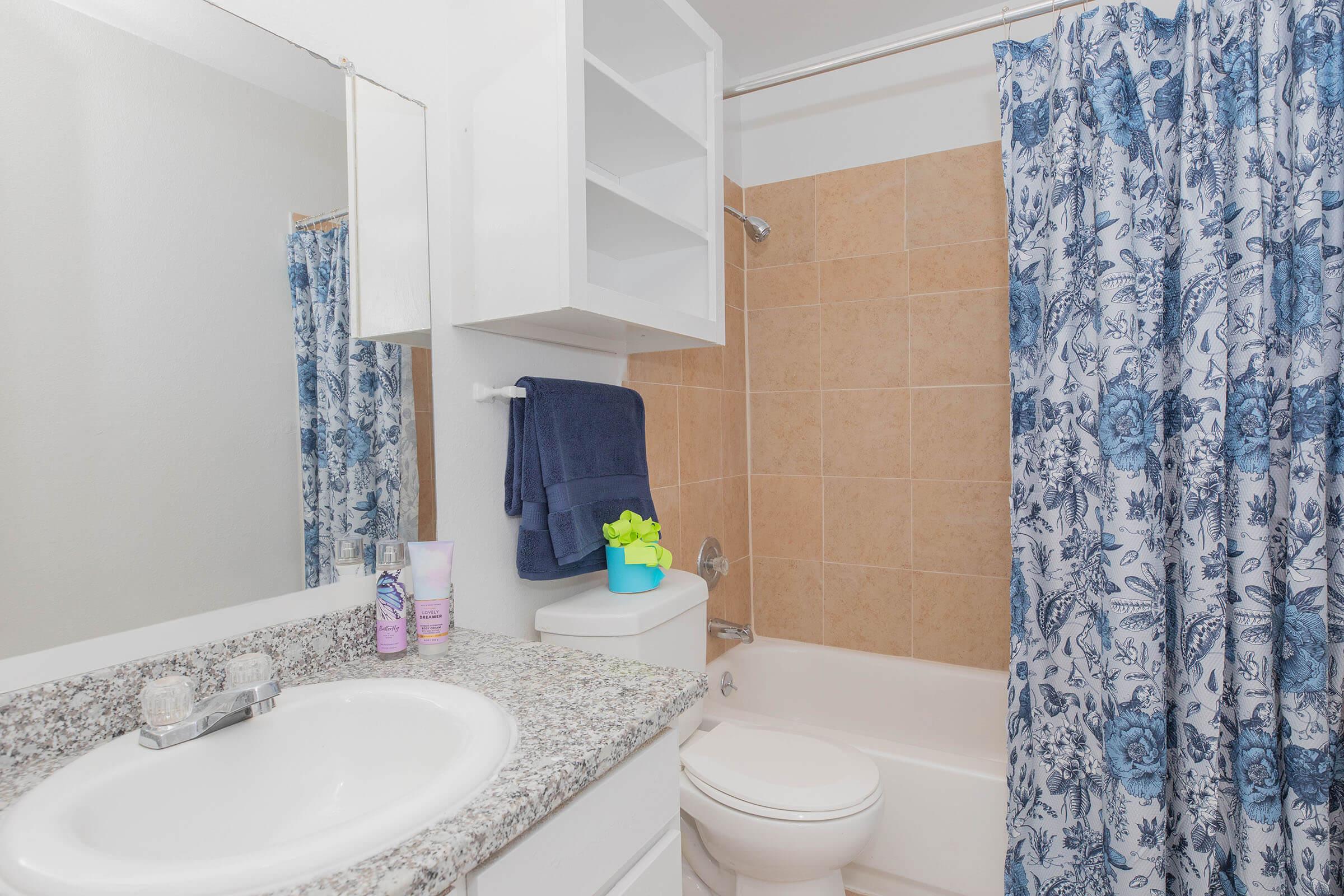 a shower curtain next to a sink