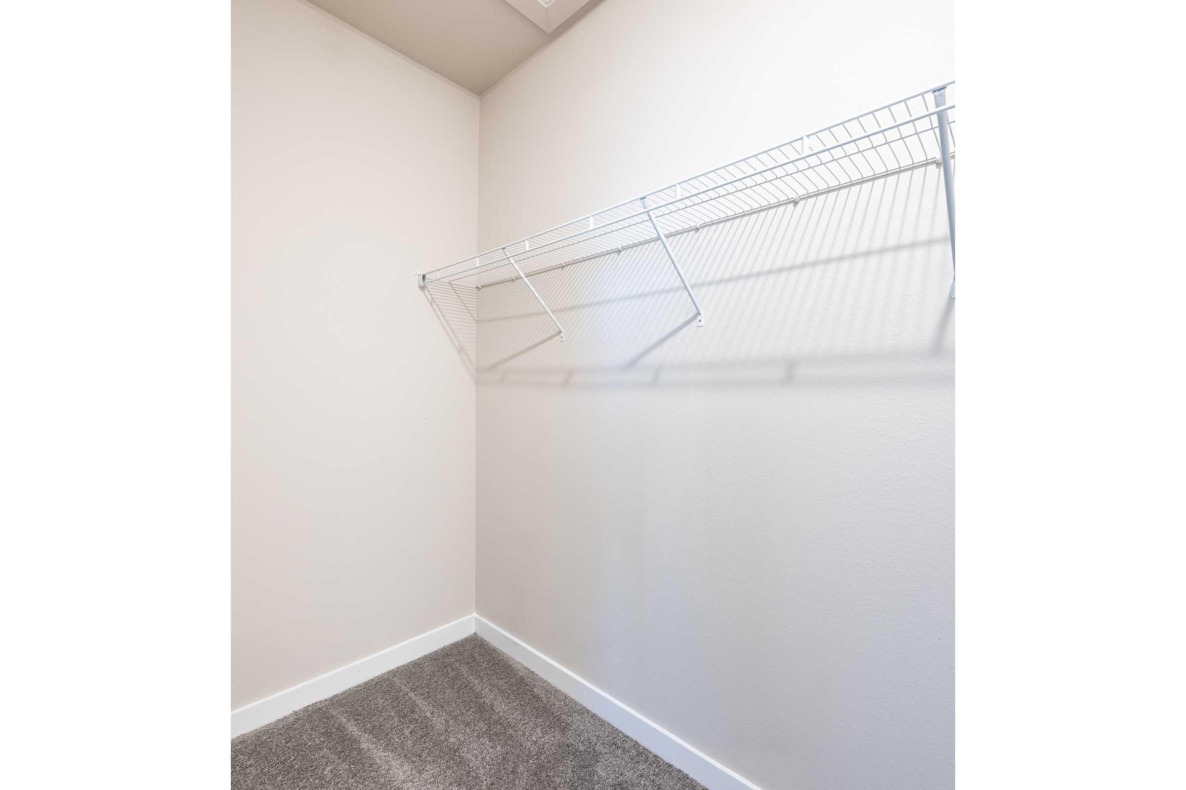 A spacious, empty closet featuring a wire shelf mounted on a light-colored wall. The floor is carpeted in a soft grey, creating a clean and minimalistic storage space.