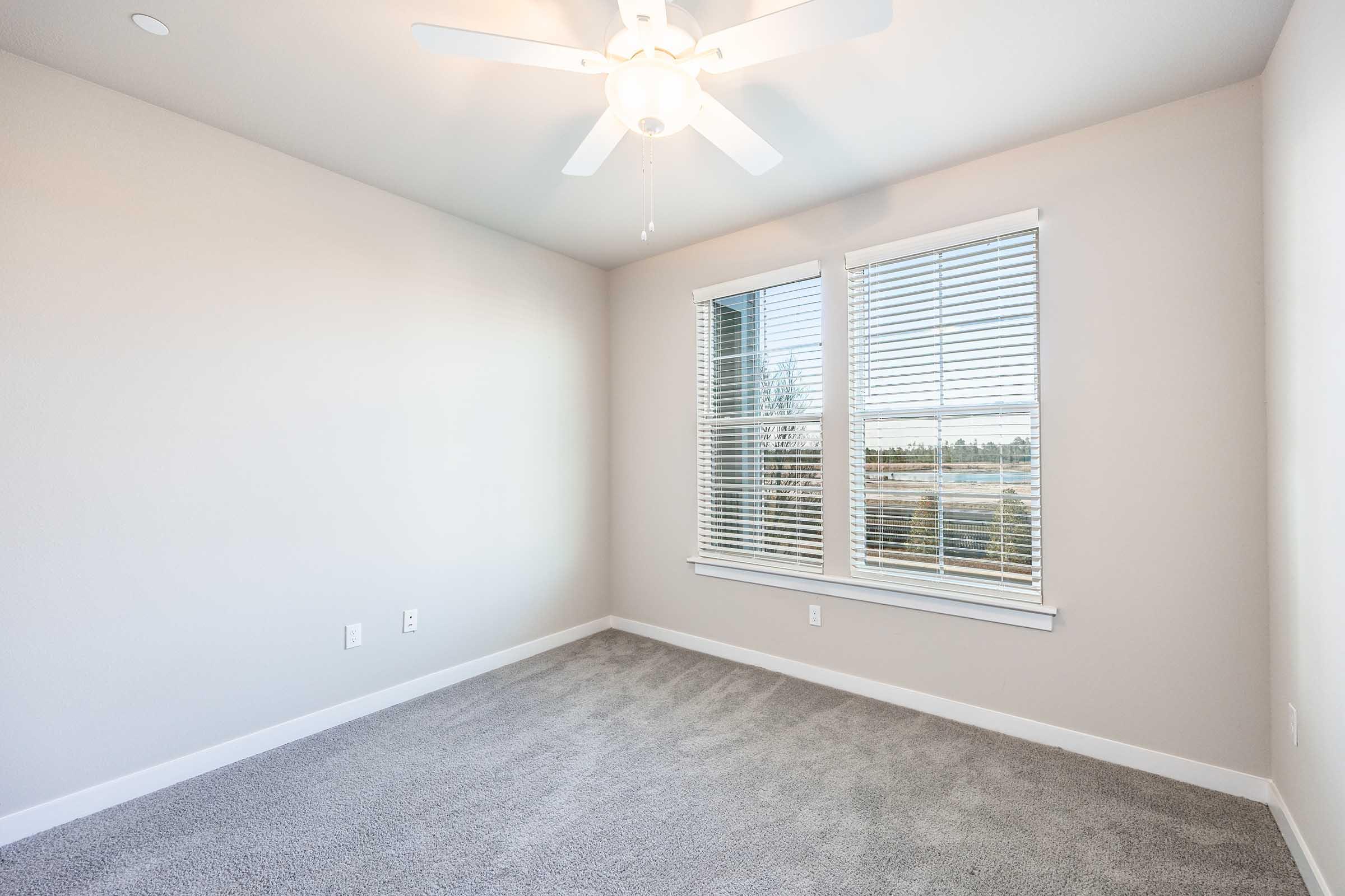 Empty room with light gray carpet and freshly painted walls. A ceiling fan is visible, and there are two windows with white blinds allowing natural light to enter the space. The overall ambiance is bright and minimalistic, suitable for various purposes.