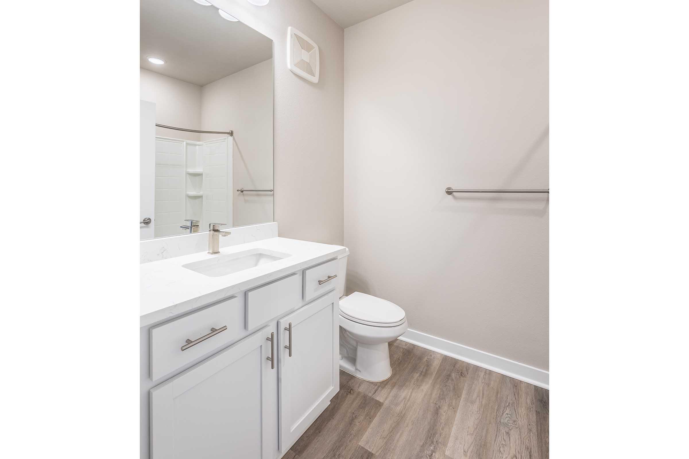 A modern bathroom featuring a white vanity with a sink, a mirror above it, a toilet, and a spacious shower area with a glass door. The floor is wood-like, and the walls are painted in a light color, creating a clean and contemporary aesthetic. Lighting fixtures are installed above the mirror.