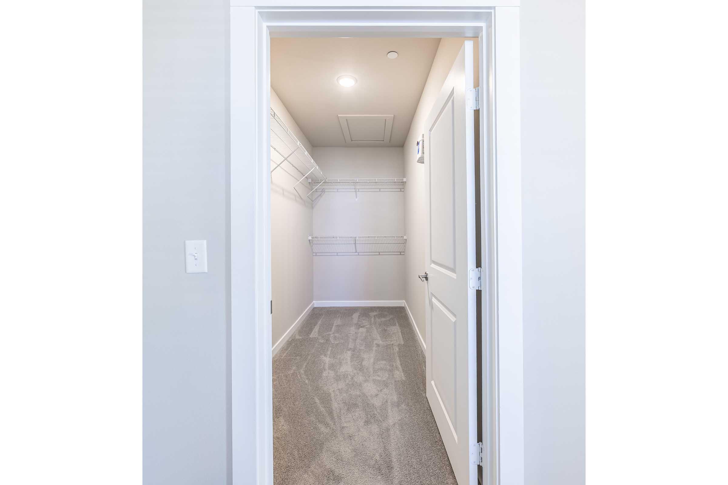 View of an empty walk-in closet featuring light gray carpet, white walls, and shelving. The door is open, showcasing clear wall space and a ceiling light, creating a bright and airy atmosphere. The closet is devoid of personal items, providing a blank canvas for storage solutions.