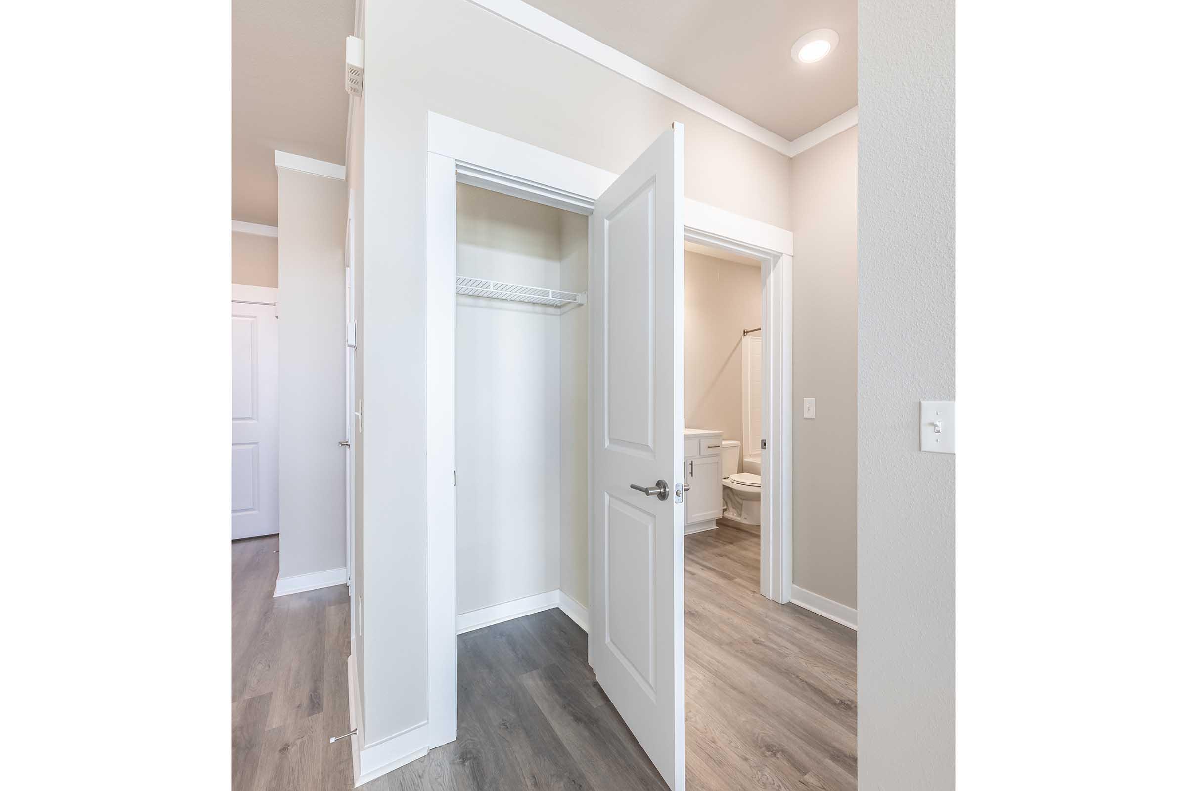 A view of a modern hallway with an open door leading to a bathroom and a closet. The walls are painted light gray, and the flooring is wood-like. The bathroom is partially visible, showcasing white fixtures, while the closet has built-in shelving. Natural light brightens the space.