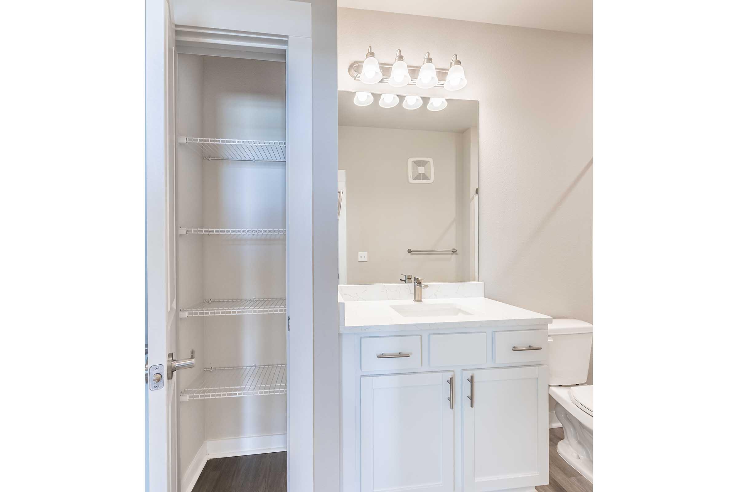 Bright and modern bathroom featuring a sink area with a white countertop, a framed mirror, and a five-bulb light fixture above. To the left, there is an open closet with wire shelving. A toilet is visible in the background, all set against light-colored walls and wood-style flooring.