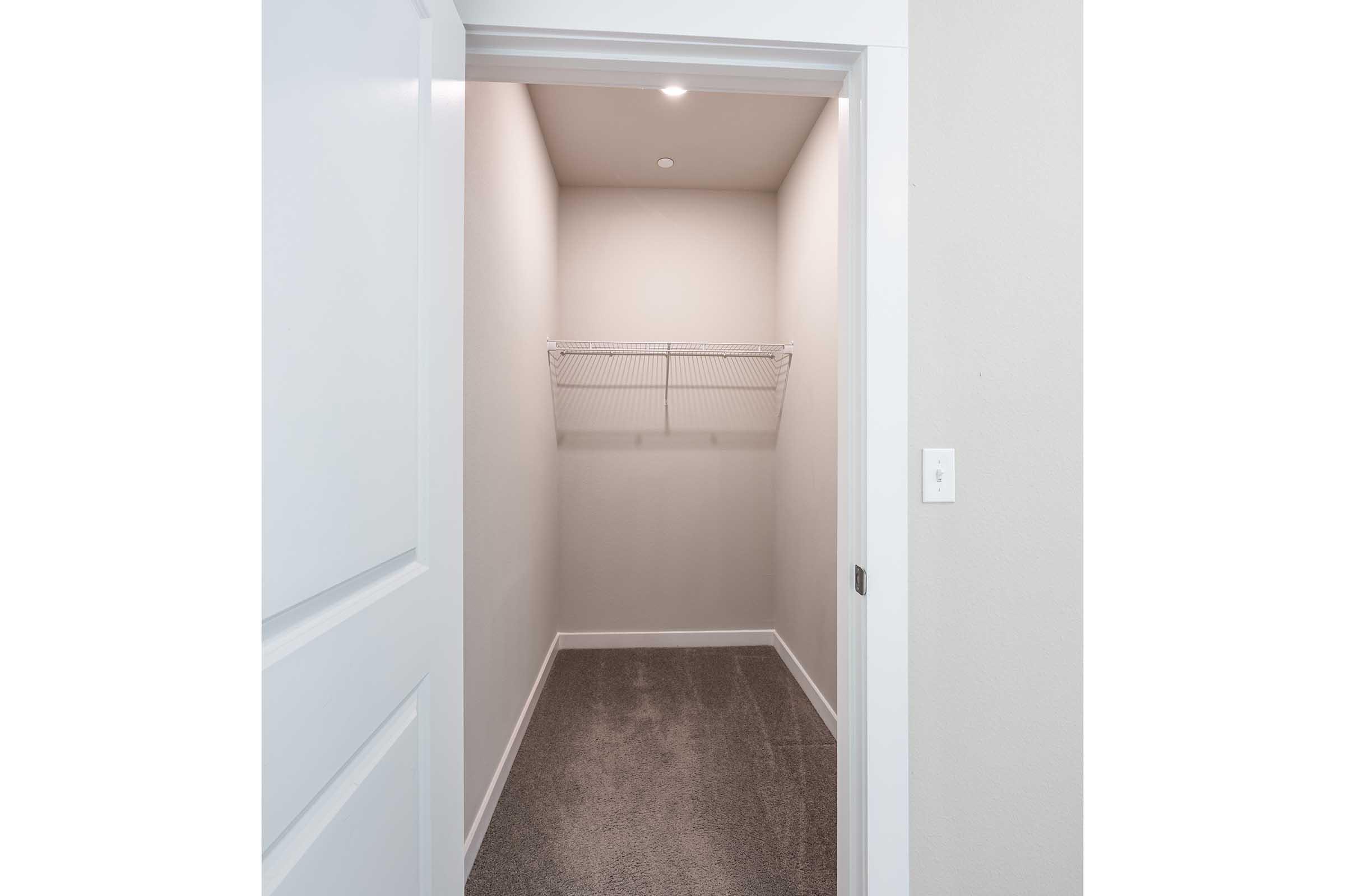 A spacious, empty closet with light gray walls and a wire shelf mounted against the wall. The floor is carpeted in a neutral color, and the closet is accessed through a white panel door that is partially open. The room is well-lit with a ceiling light fixture.