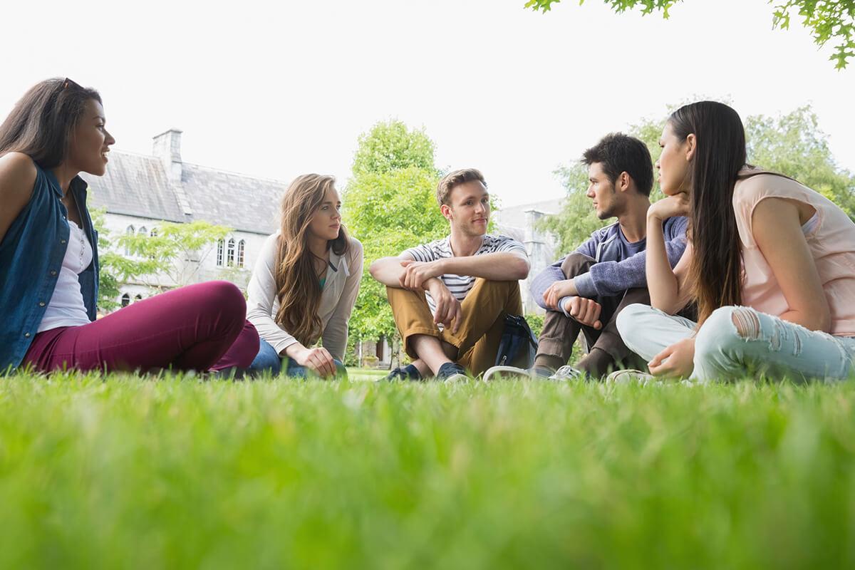 a group of people sitting in the grass