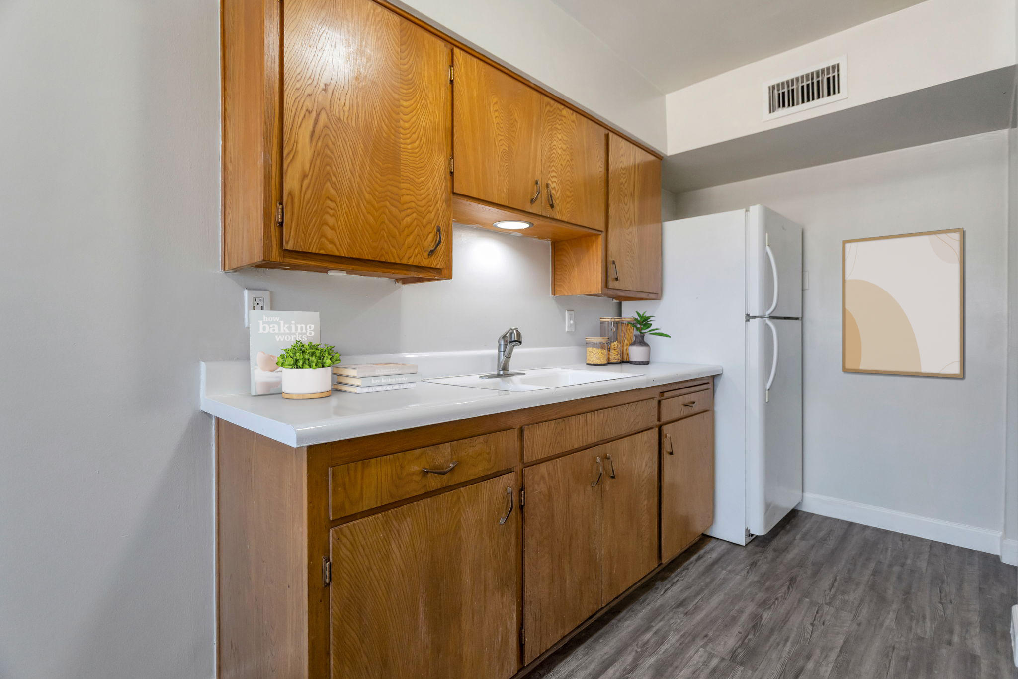 A modern kitchen featuring wooden cabinets, a white countertop, and a double sink. A refrigerator is visible on the right, and the wall has a framed abstract art piece. The decor includes potted plants and containers labeled "baking," creating a warm and inviting atmosphere.