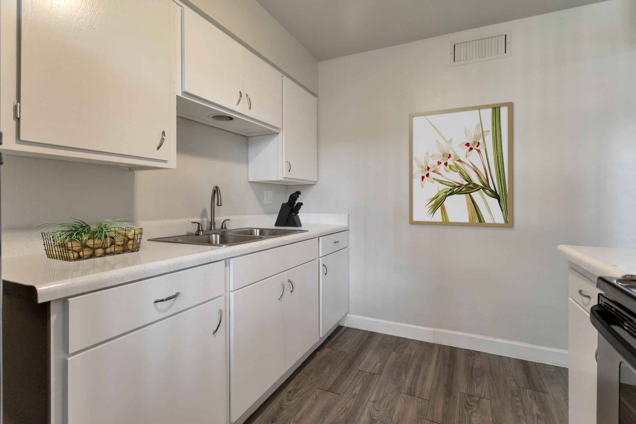 Modern kitchen with white cabinetry, a stainless steel sink, and a black faucet. A bowl of fruits sits on the counter, and there's a framed botanical artwork on the wall, adding a touch of decor to the minimalist space. The flooring is light brown with a wood-like appearance.