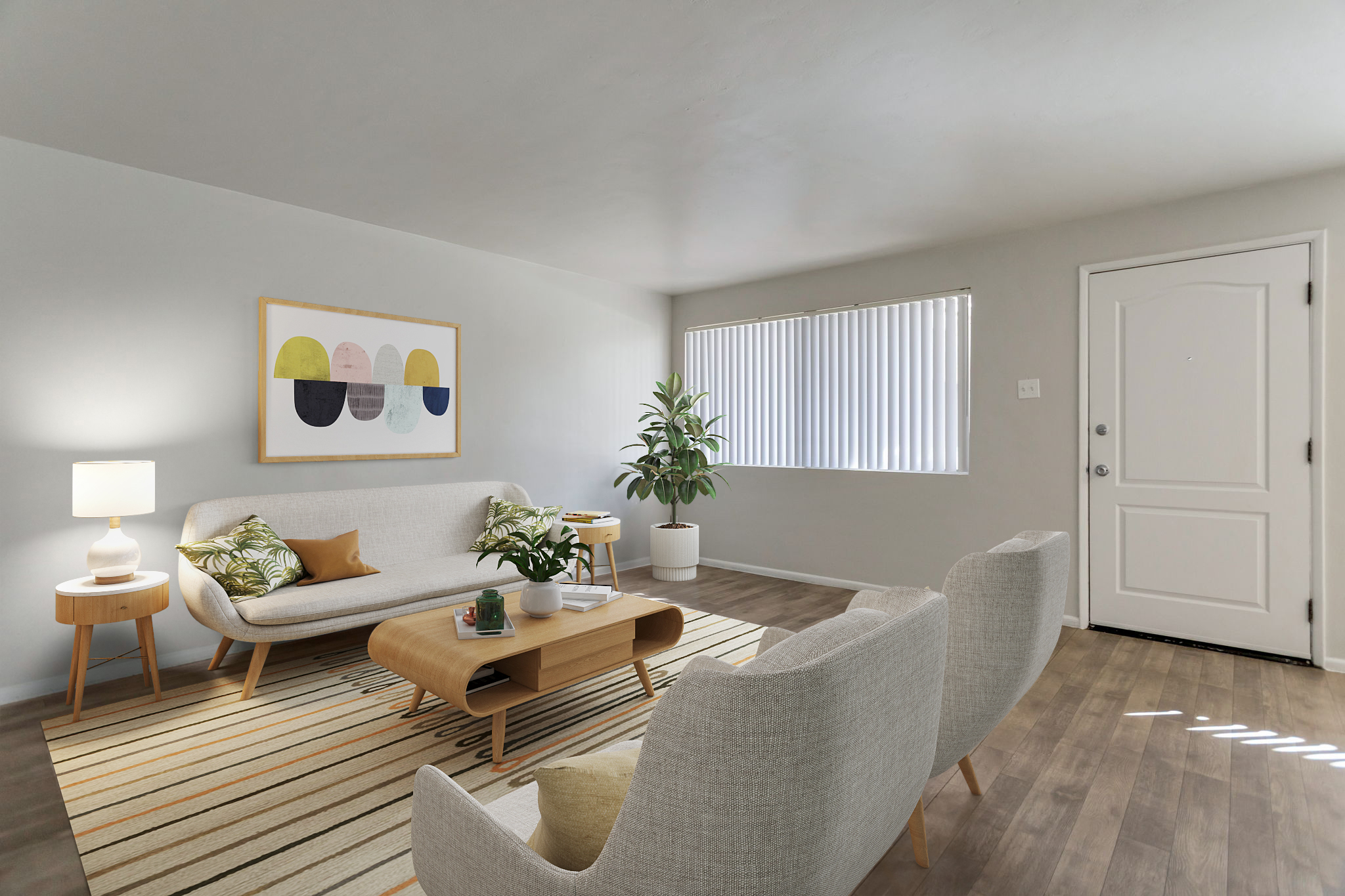 A modern living room featuring a light gray wall, large window with blinds, and a white front door. A stylish sofa with a patterned cushion is complemented by two armchairs. A wooden coffee table holds decorative plants, and a framed art piece is displayed on the wall above the sofa. A warm, inviting atmosphere is created by soft lighting.