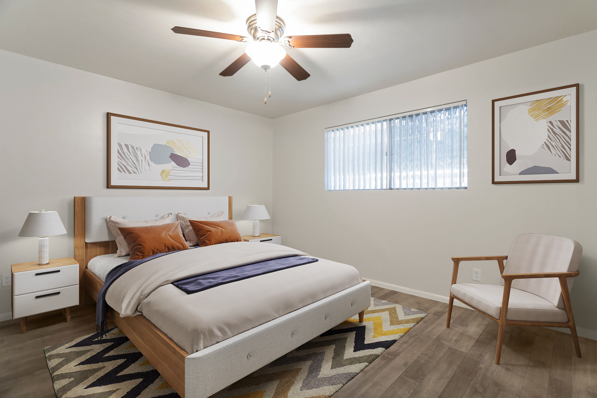 A modern bedroom featuring a queen-sized bed with decorative pillows, a light-colored comforter, and a wooden frame. The room includes two bedside lamps, a window with vertical blinds, and abstract art on the walls. There is a patterned rug on the floor and a stylish armchair to complete the decor.