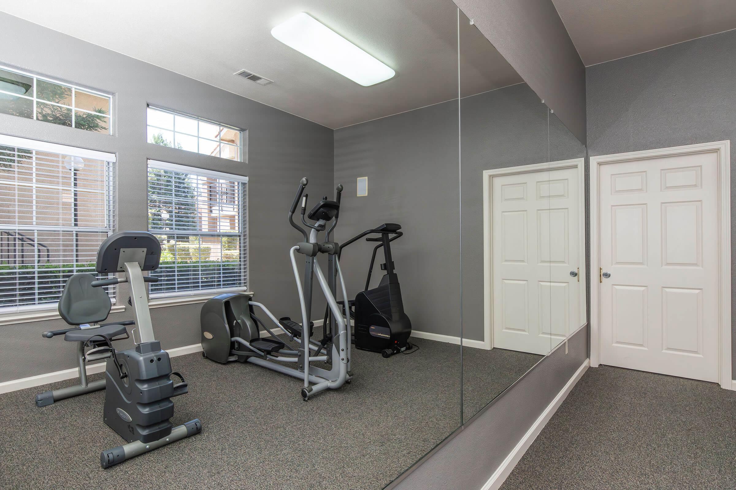 A fitness room featuring exercise equipment including a stationary bike, an elliptical machine, and a large mirror. Sunlight streams through windows, creating a bright atmosphere. The room has carpeted flooring and light gray walls, with a door leading to another area.