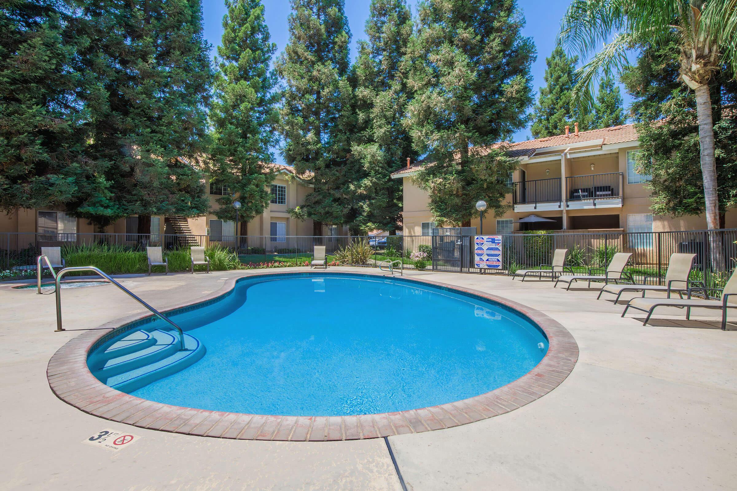 A clear blue swimming pool surrounded by tall trees and lounge chairs. An adjacent building with balconies is visible in the background. The area is sunny and well-maintained, creating a relaxing outdoor setting.