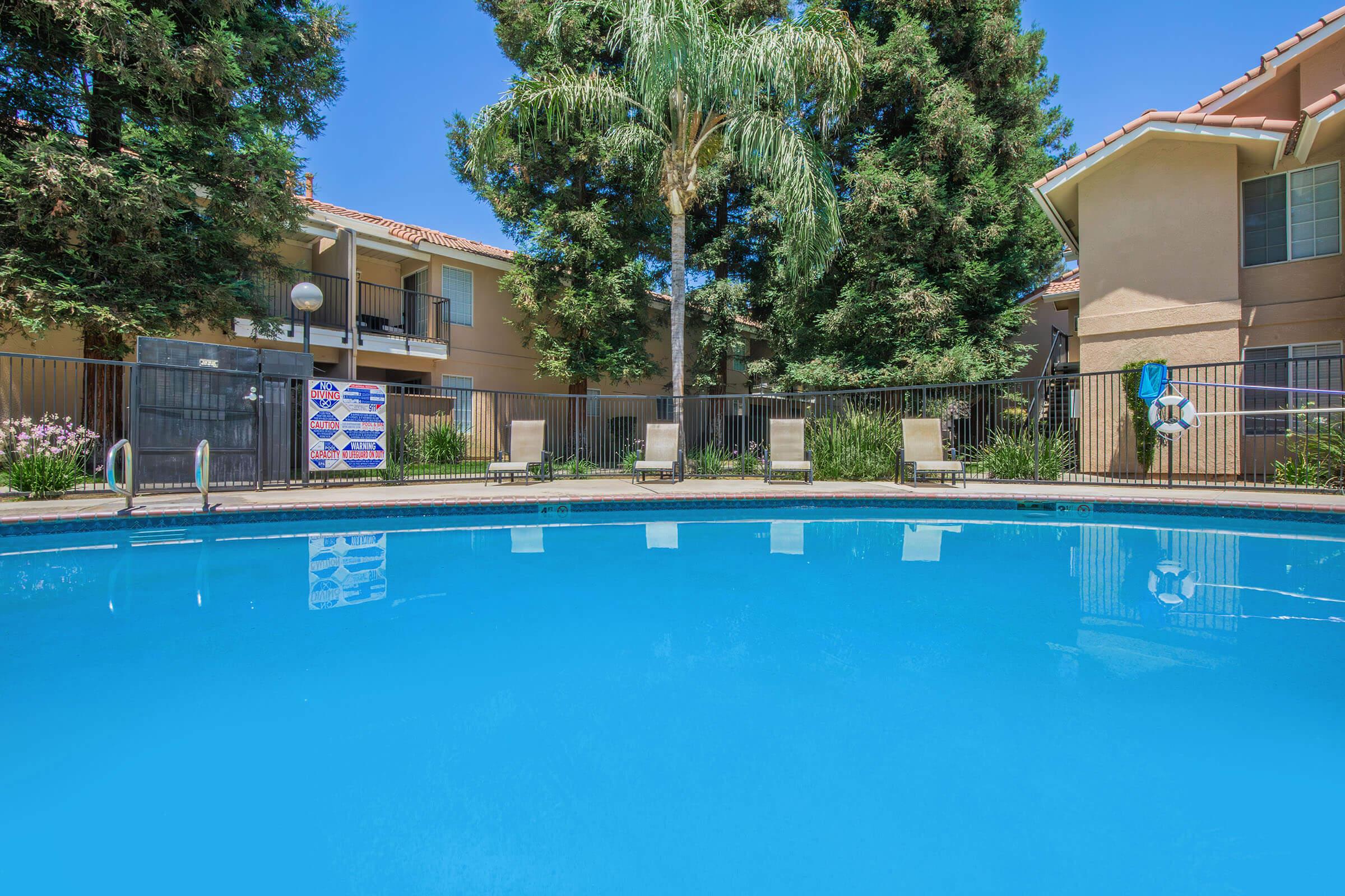 A clear blue swimming pool surrounded by lounge chairs and greenery. In the background, two apartment buildings are partially visible, with a palm tree adding to the tropical atmosphere. A fence encloses the pool area, creating a relaxing outdoor space.