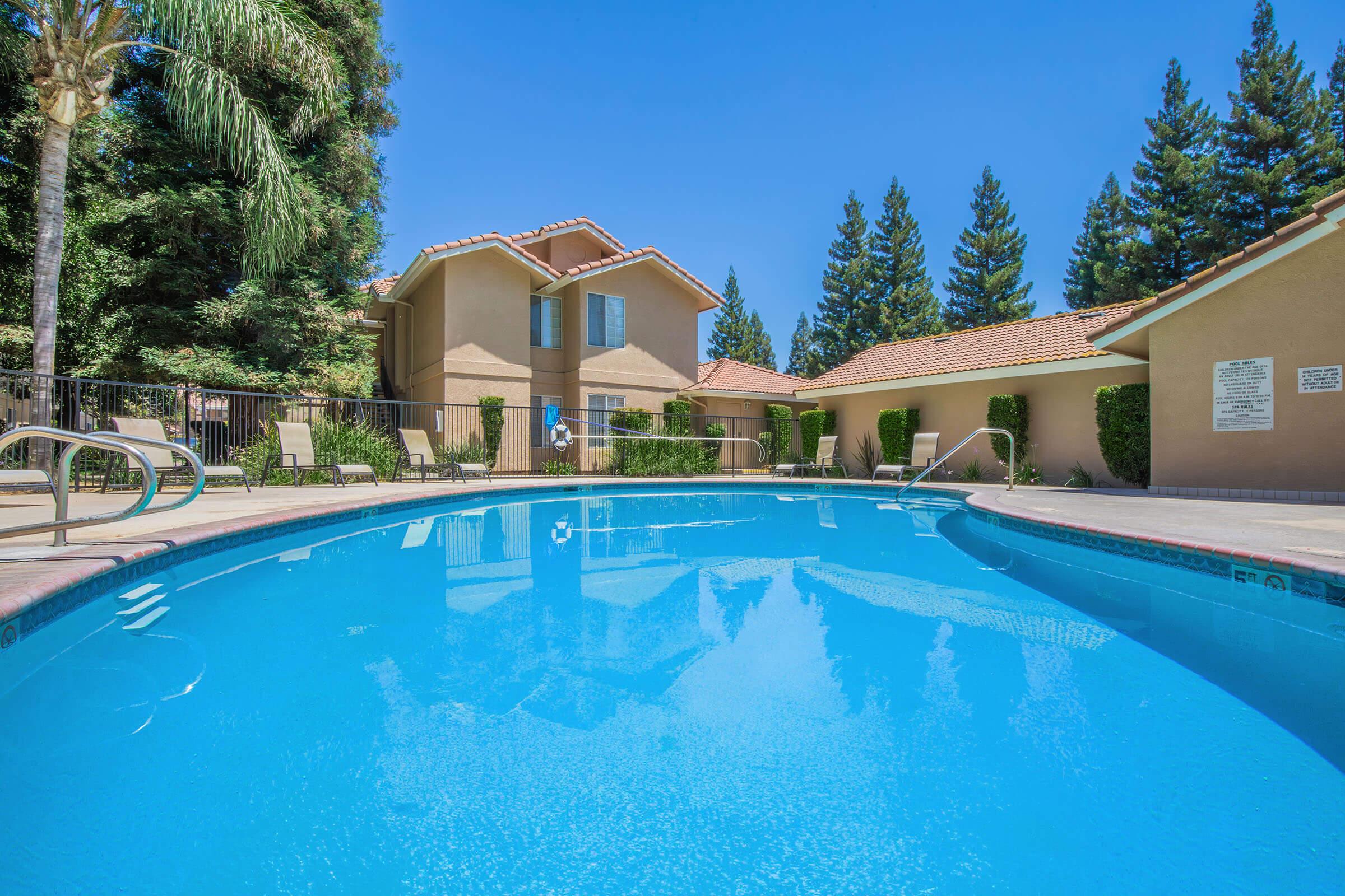 A clear blue swimming pool surrounded by lush greenery and tall pine trees, with a multi-story residential building in the background. Sunlight casts a bright glow on the water, and there are lounge chairs near the poolside, creating a relaxing outdoor environment.