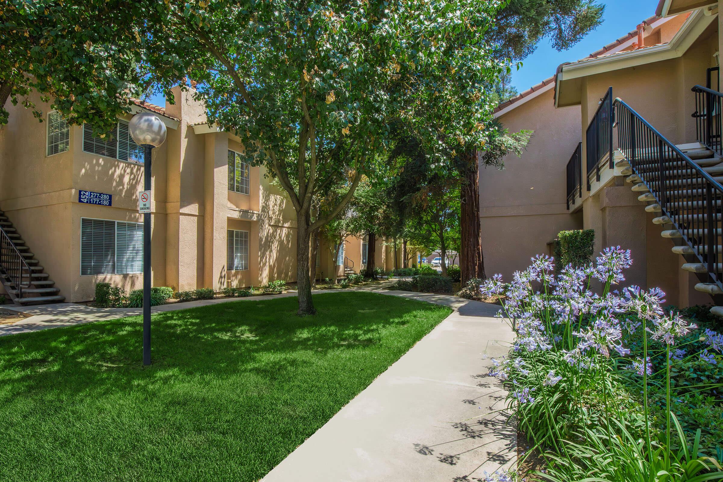 A landscaped pathway in an apartment complex, featuring green grass, blooming purple flowers, and trees providing shade. Two buildings with balconies and staircases are visible on either side of the pathway. The scene is bright and inviting, suggesting a well-maintained outdoor space.