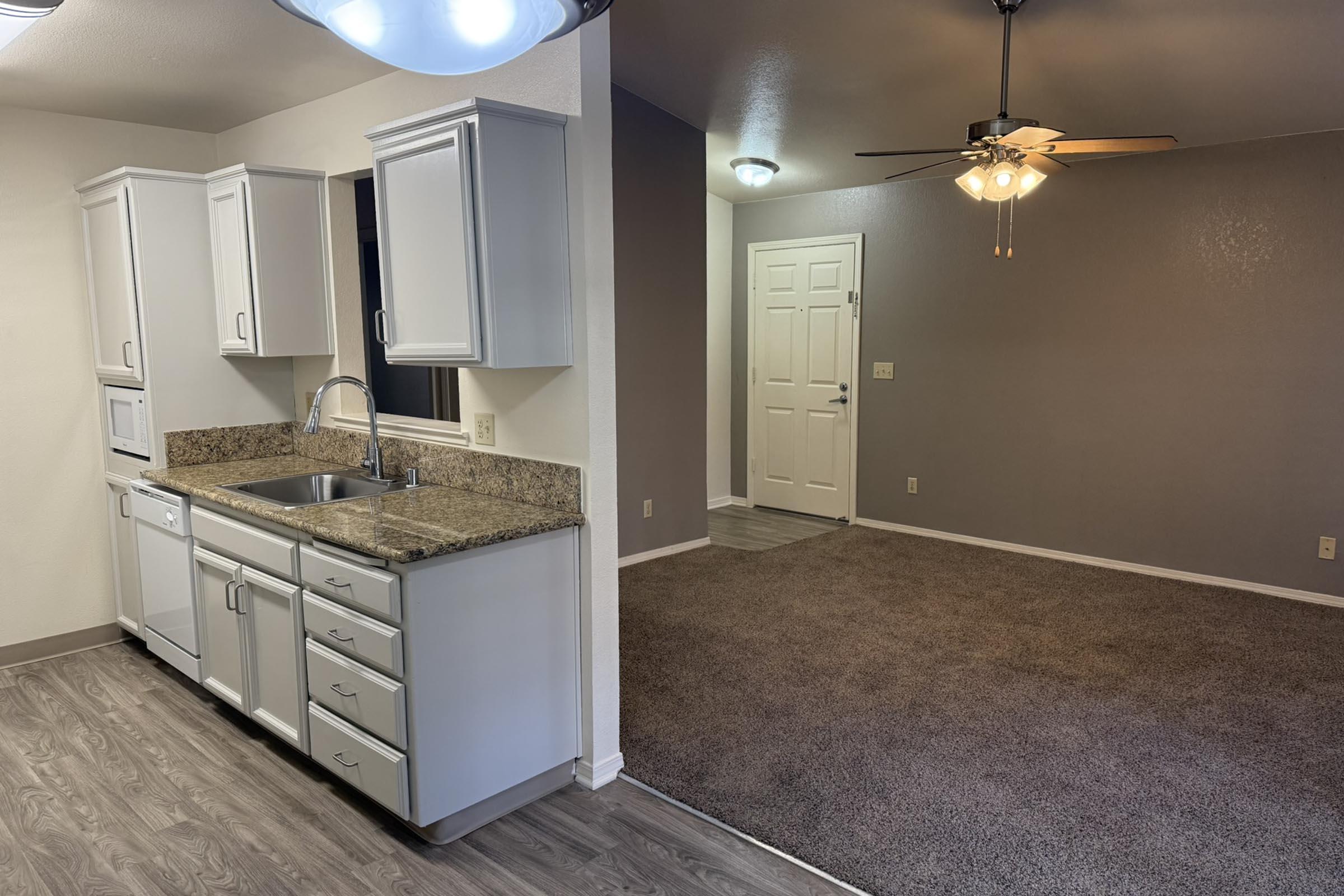 a kitchen with a sink and a mirror