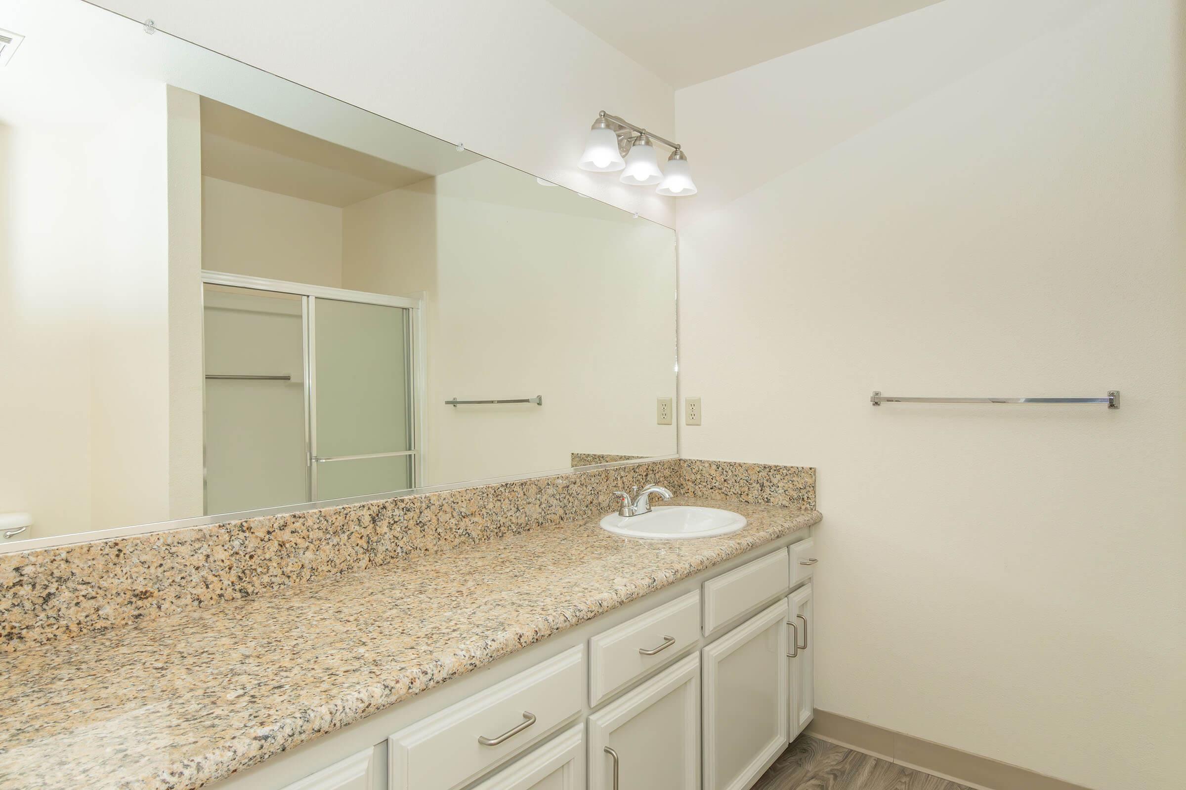 A modern bathroom featuring a long granite countertop with a circular sink, beige cabinetry, and a large mirror above. Natural light fills the space, complemented by stylish lighting fixtures. There is a glass shower enclosure visible in the background and a towel rack mounted on the wall.