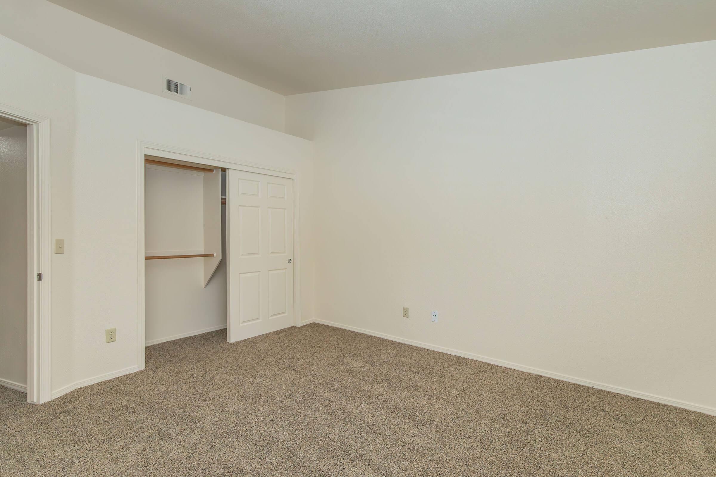 A spacious empty room featuring beige carpet flooring and light-colored walls. There is a closet with sliding doors on one side, and a door leading to another space. The room has ample natural light and a simple, uncluttered appearance, making it suitable for various uses or personal decoration.