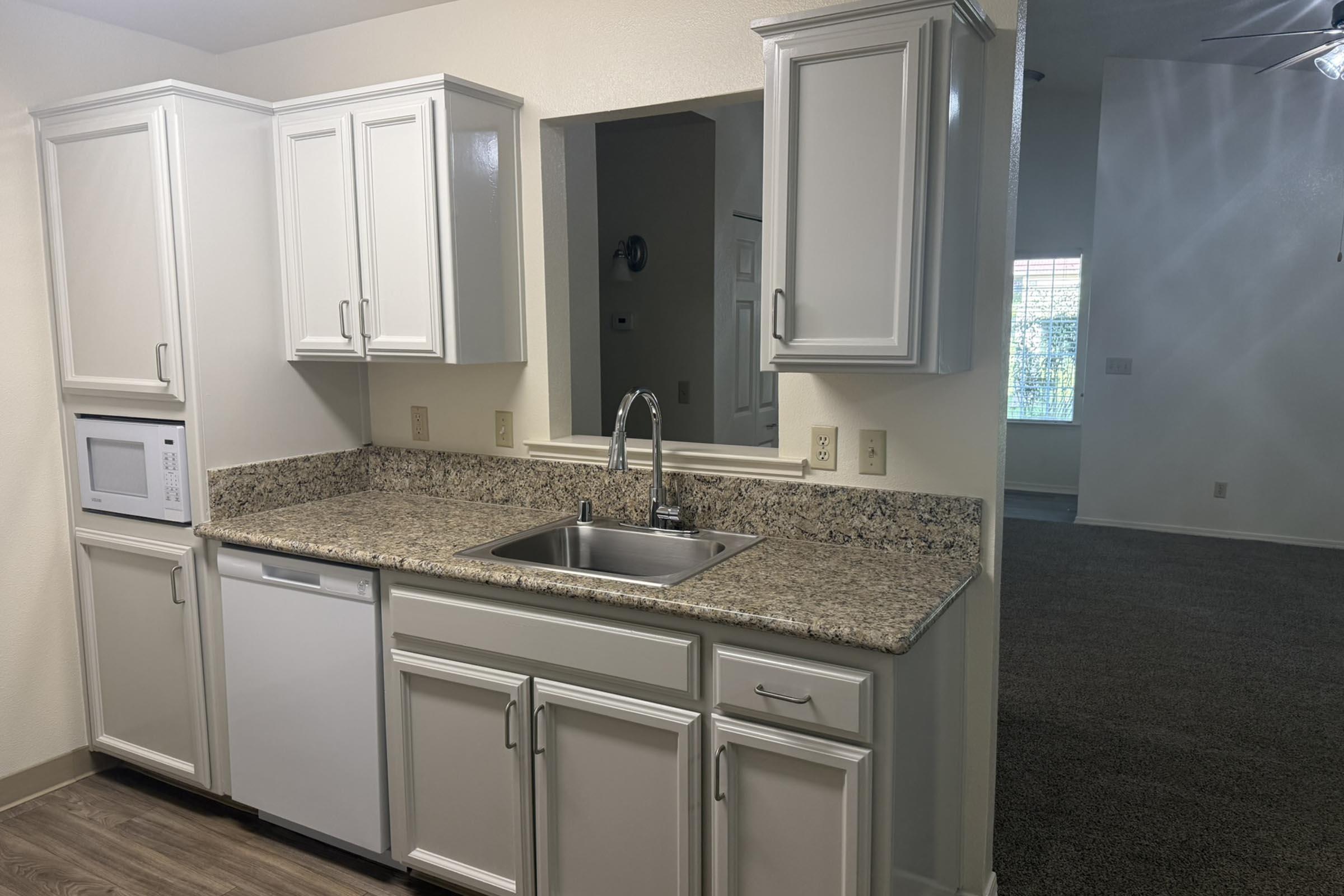 a kitchen with a sink and a mirror