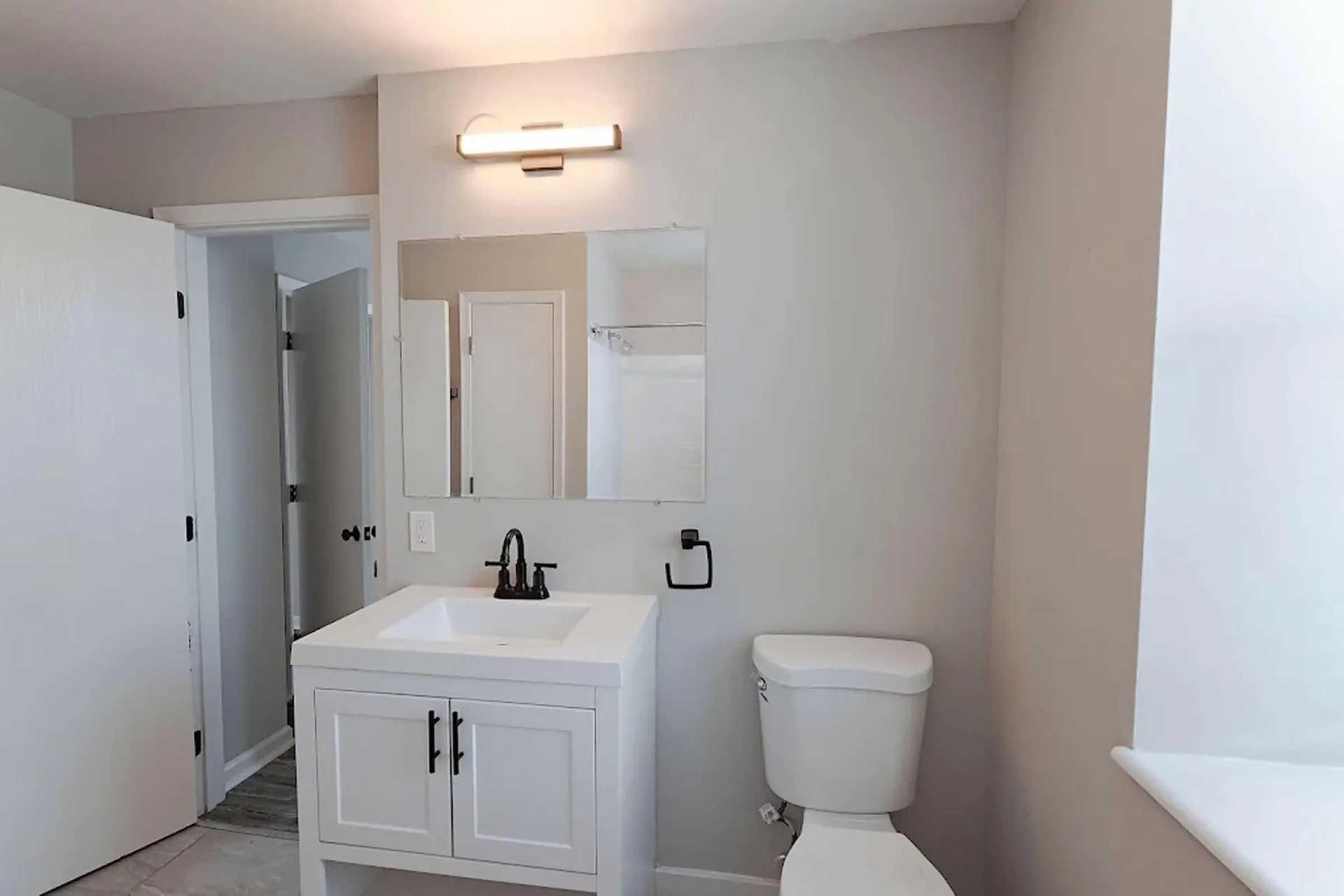 A modern bathroom featuring light gray walls, a white vanity with a sink, a large mirror above the vanity, a toilet, and a light fixture. There is a window providing natural light, and the flooring consists of wood-like tiles. The overall design is sleek and minimalist.