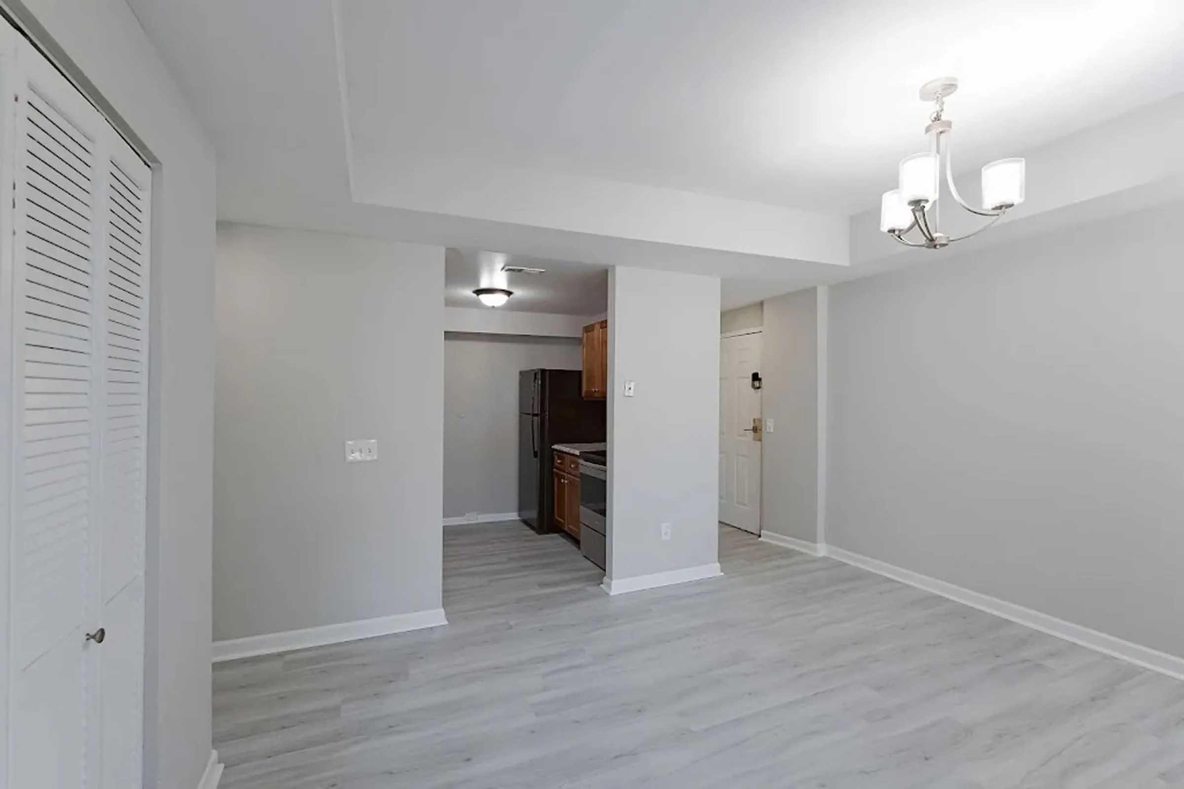 A well-lit, modern apartment interior featuring light gray walls and laminate flooring. The room includes a kitchen area with wooden cabinetry and stainless steel appliances, a door to the outside, and a chandelier hanging from the ceiling. A closet with louvered doors is visible on the left.