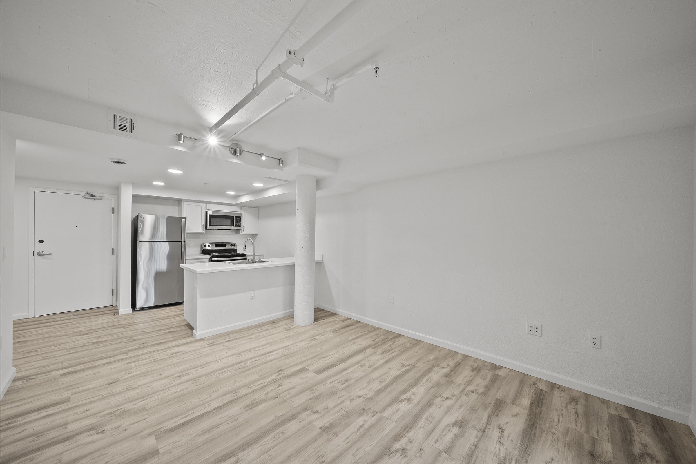 A bright, open-concept living space featuring light-colored walls and wood laminate flooring. The kitchen includes stainless steel appliances, a countertop, and bar seating. Natural light flows into the area, which is devoid of furnishings, creating a spacious, inviting atmosphere.