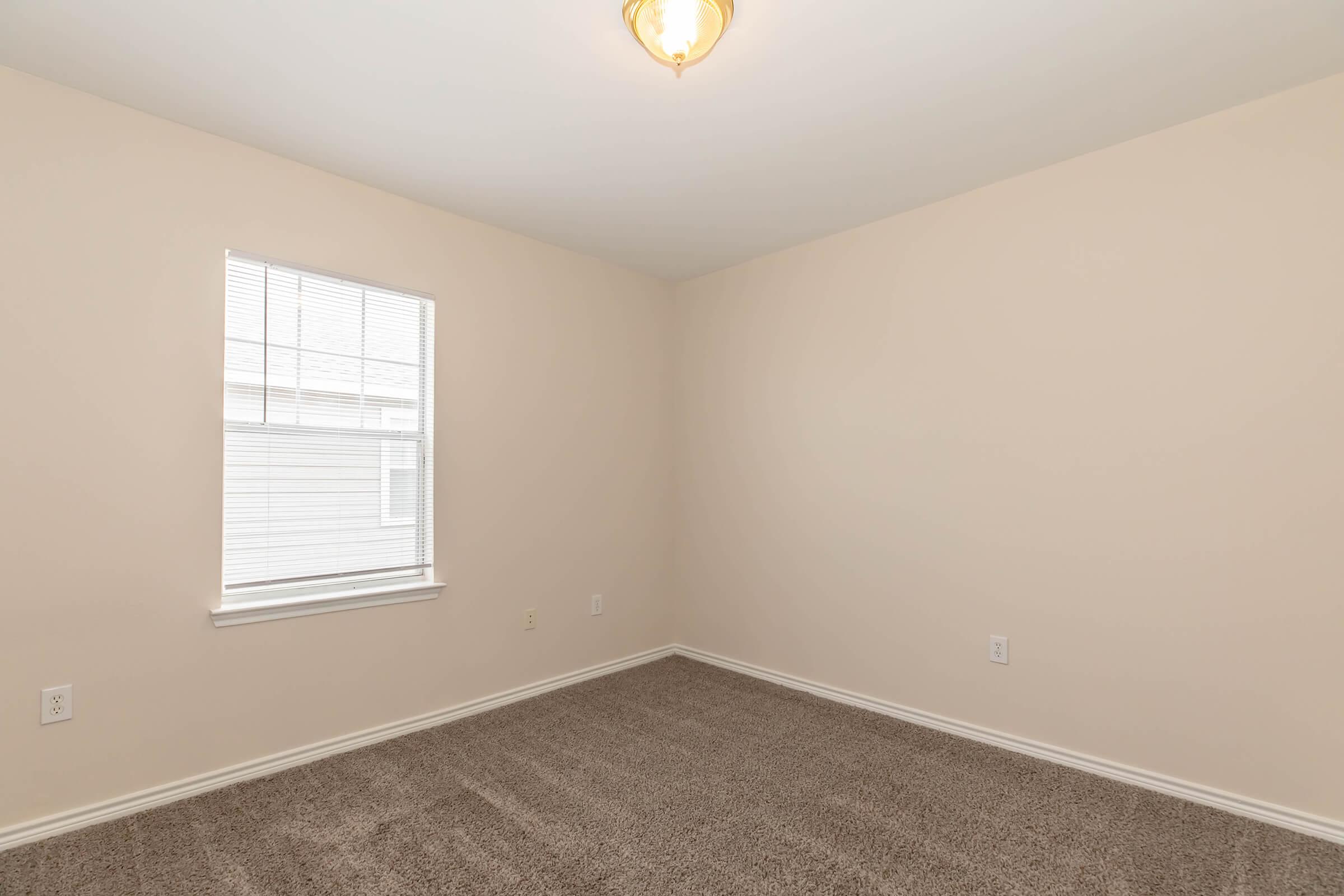 Empty room with beige walls and a carpeted floor. A single window lets in natural light, and a ceiling light fixture is visible. The room is unfurnished, creating a spacious and neutral atmosphere.