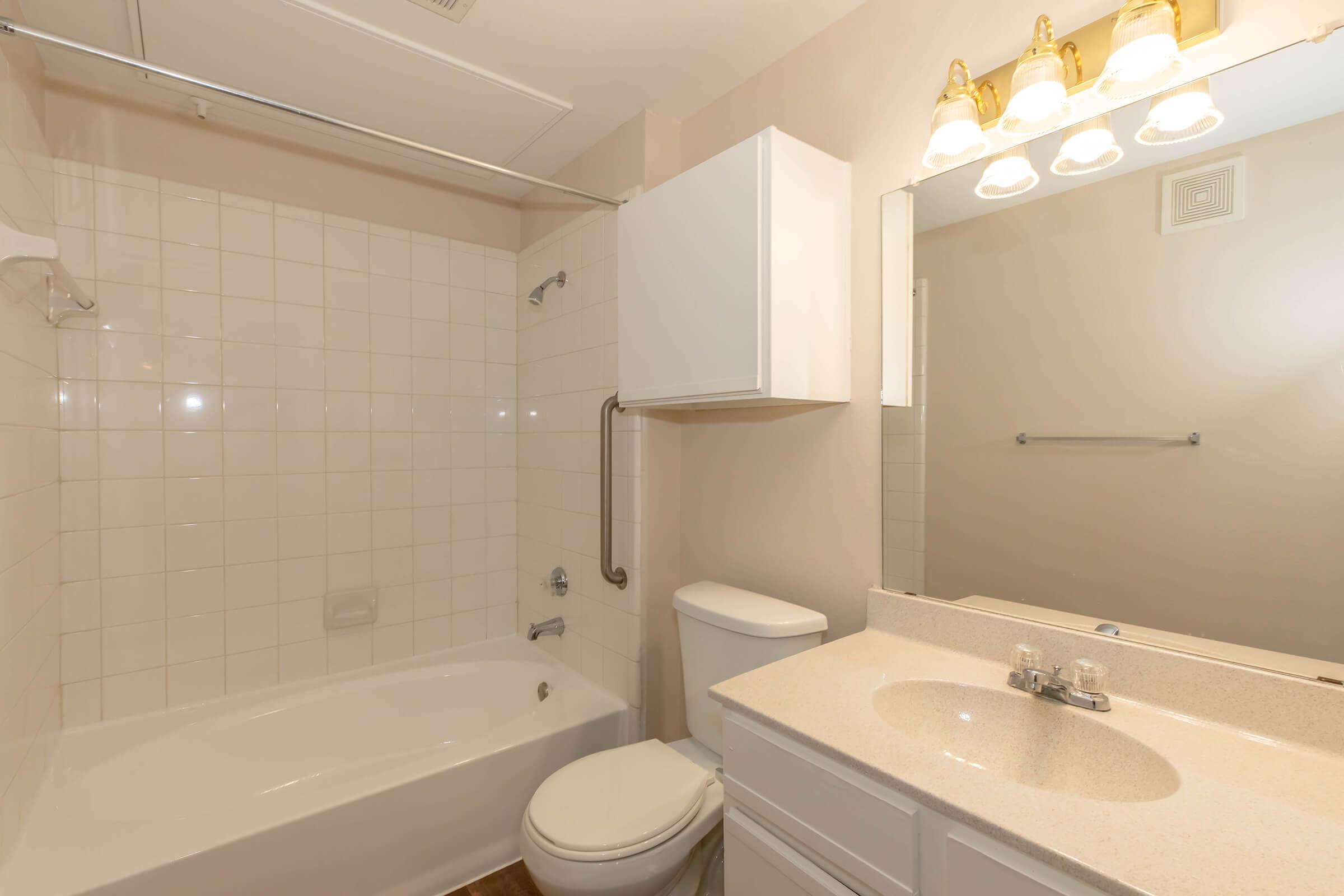 A clean and modern bathroom featuring a bathtub and shower combination, a toilet, a white vanity with a sink, and a large mirror above the vanity. The walls are painted in a soft neutral color, and there is overhead lighting with multiple bulbs. The flooring is likely a wood or laminate finish.