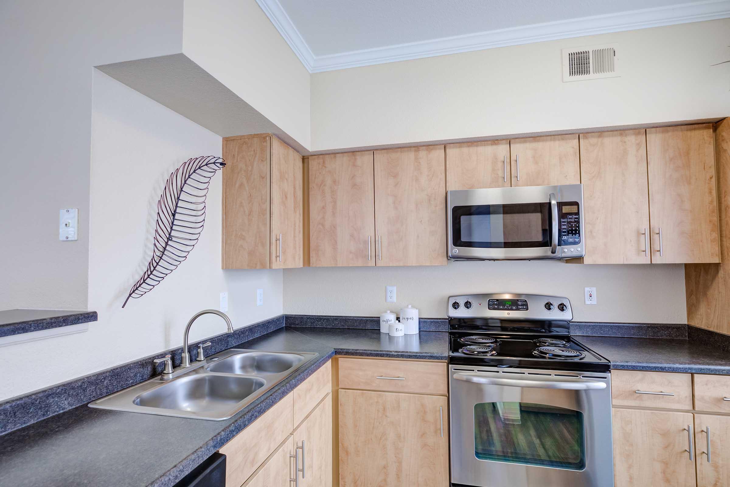 Modern kitchen with light wood cabinetry, a stainless steel microwave, and an electric stove. Features a double sink and a dark countertop. A decorative leaf design is on the wall, adding a touch of style to the space. Bright and well-organized layout enhances the kitchen's appeal.