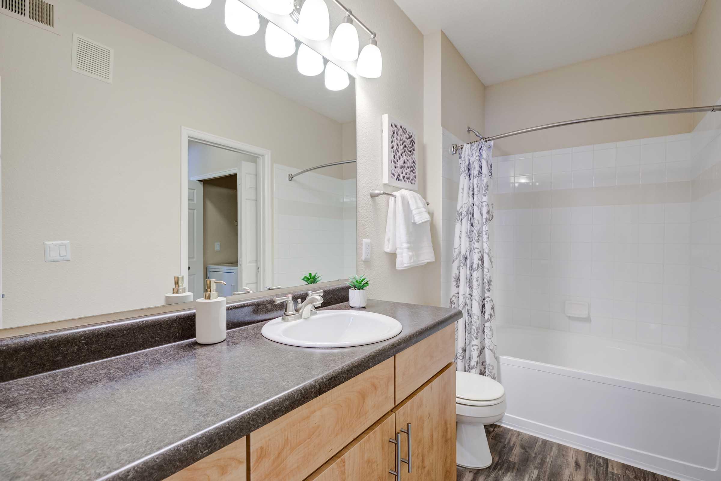 A modern bathroom featuring a large vanity with a sink, wooden cabinets, and a long mirror above. The room includes a white bathtub with a shower curtain, a toilet, and minimalist decor. Natural light brightens the space, with a couple of small plants adding a touch of greenery.