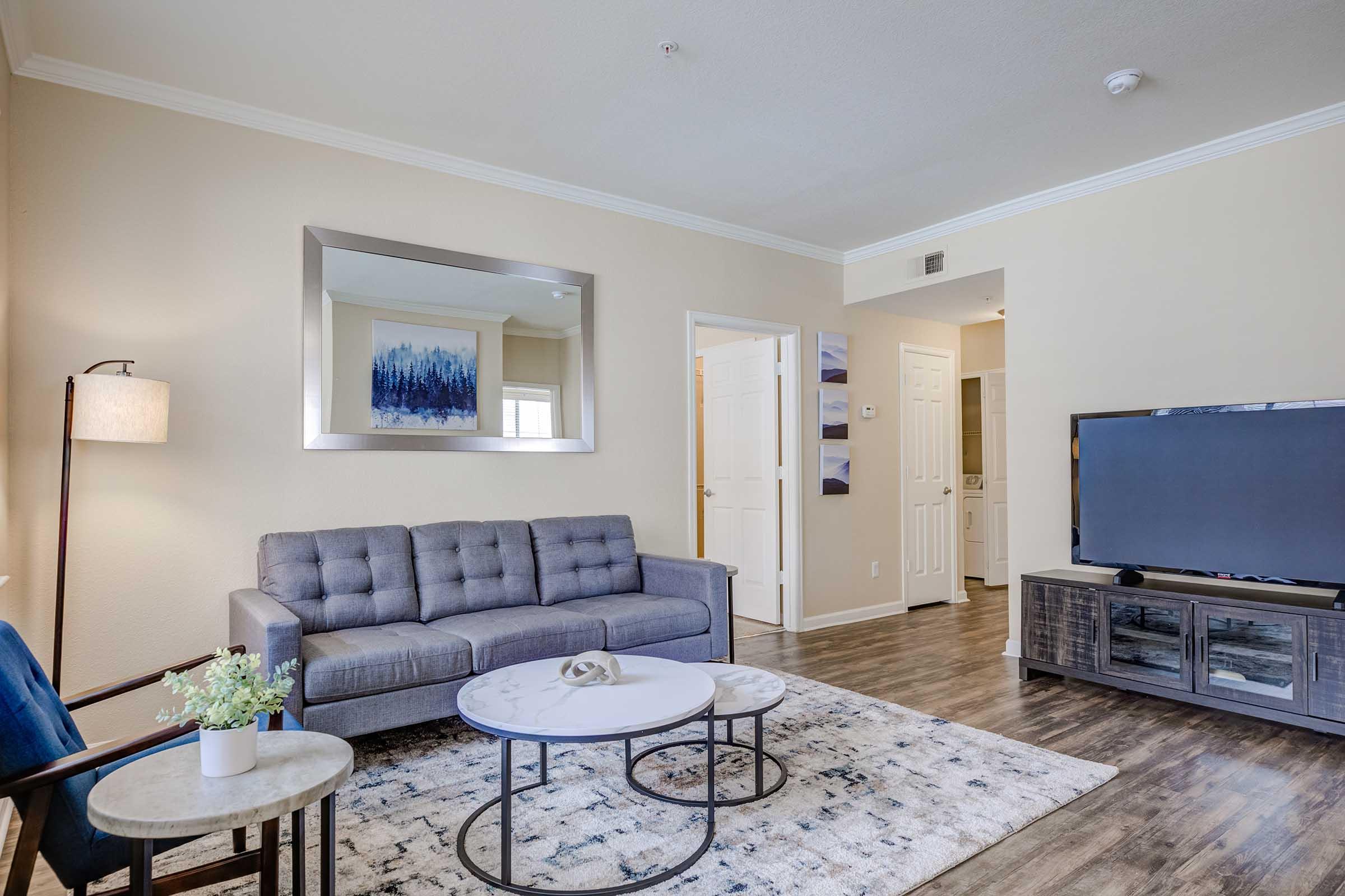 A modern living room featuring a gray sofa, a round coffee table with decorative items, and an armchair. A large mirror hangs on the wall, reflecting light. There is a television on a media console, and soft, neutral tones create a cozy atmosphere. A small plant adds a touch of greenery.