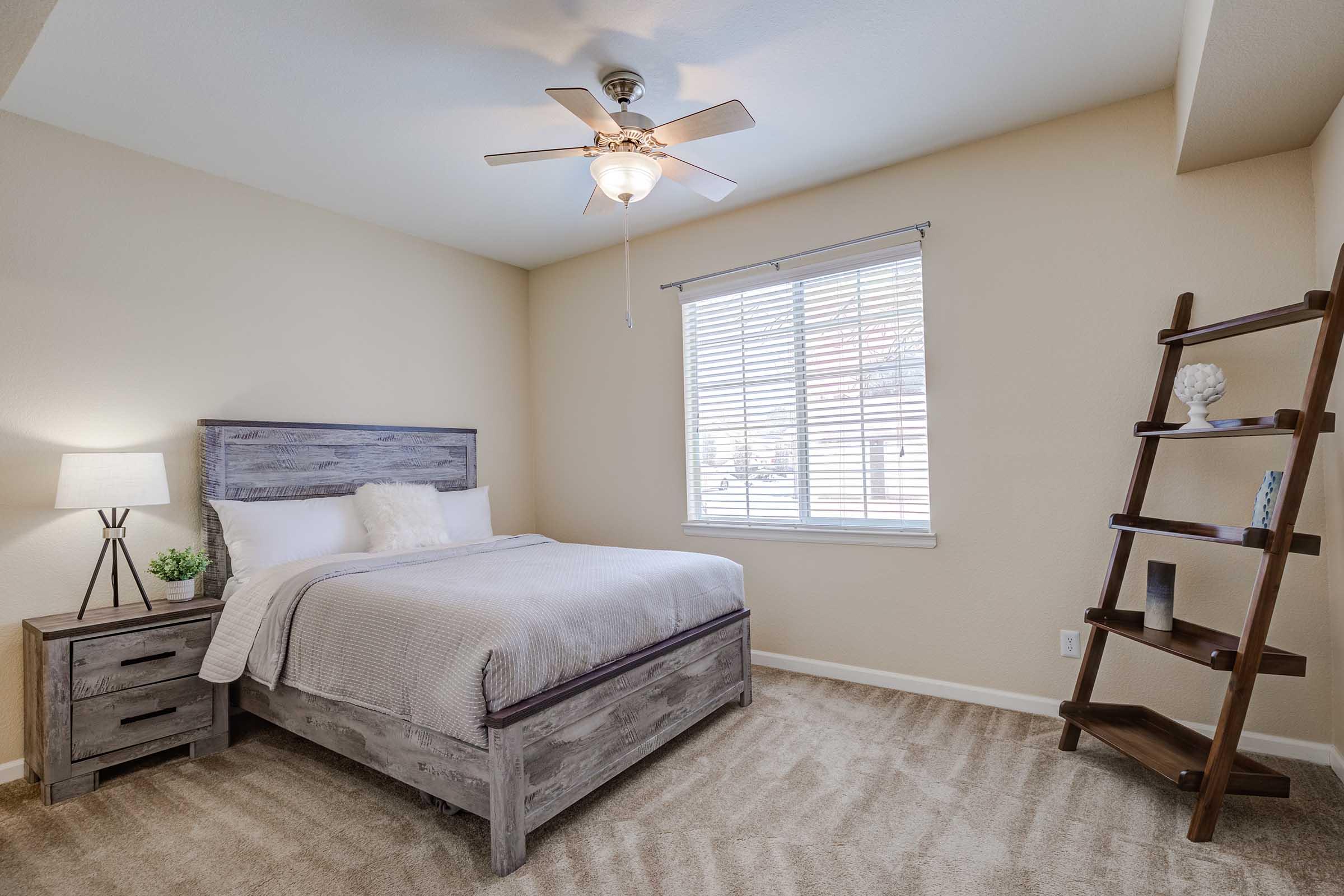 A modern bedroom featuring a queen-sized bed with a gray comforter, a wooden nightstand with a lamp, and a decorative shelf. Natural light comes in through a window with white blinds, and the walls are painted in a light color. The floor is covered with plush carpet, creating a cozy atmosphere.