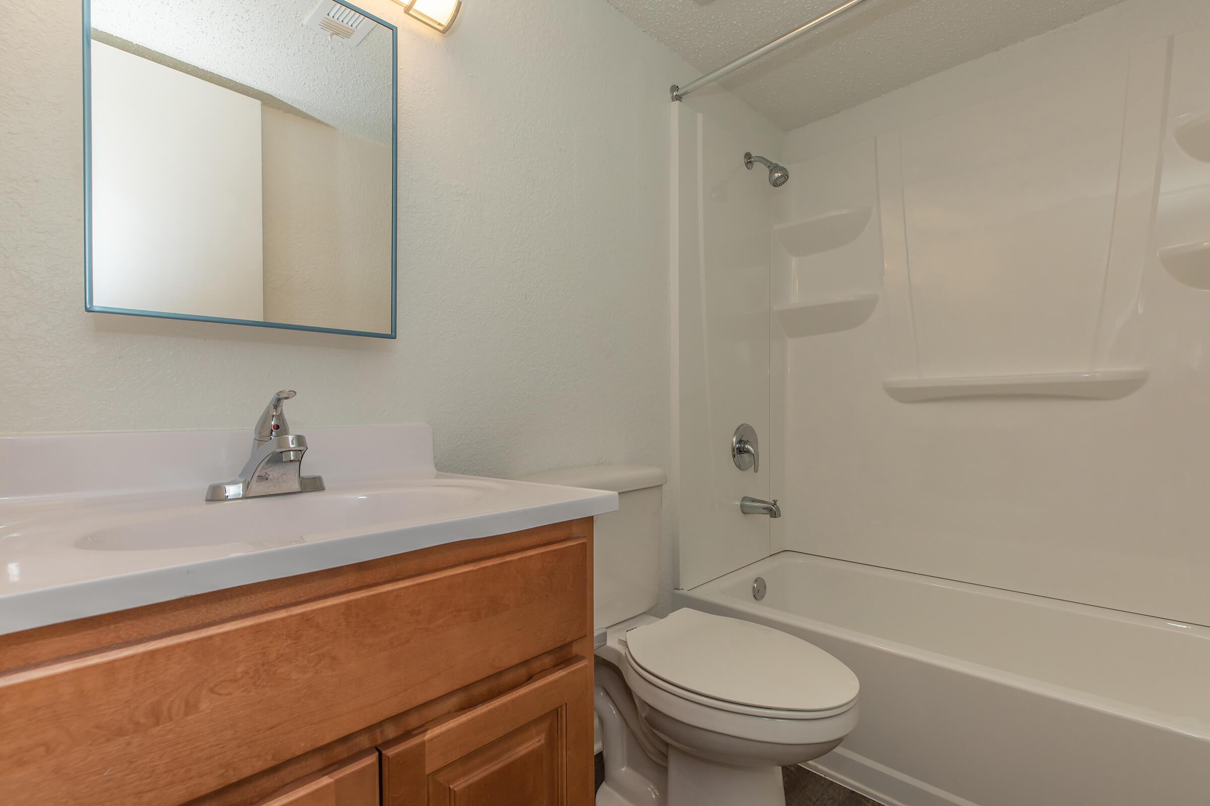a room with a sink and a mirror