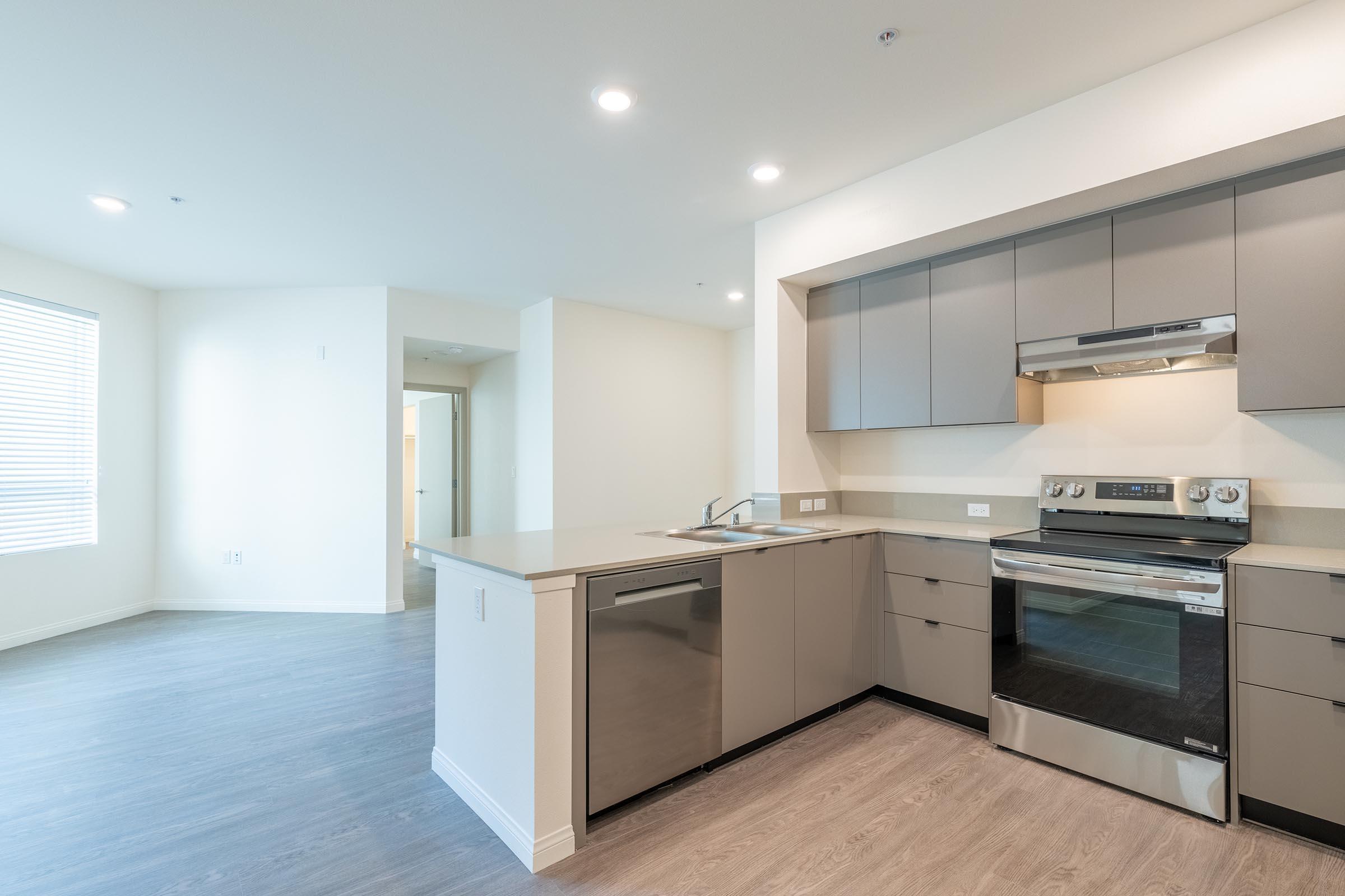 Modern kitchen with stainless steel appliances, including an oven, stove, and dishwasher. It features light gray cabinetry, a stone countertop, and a window allowing natural light. The open layout connects to a spacious living area with light-colored walls and wood-like flooring.