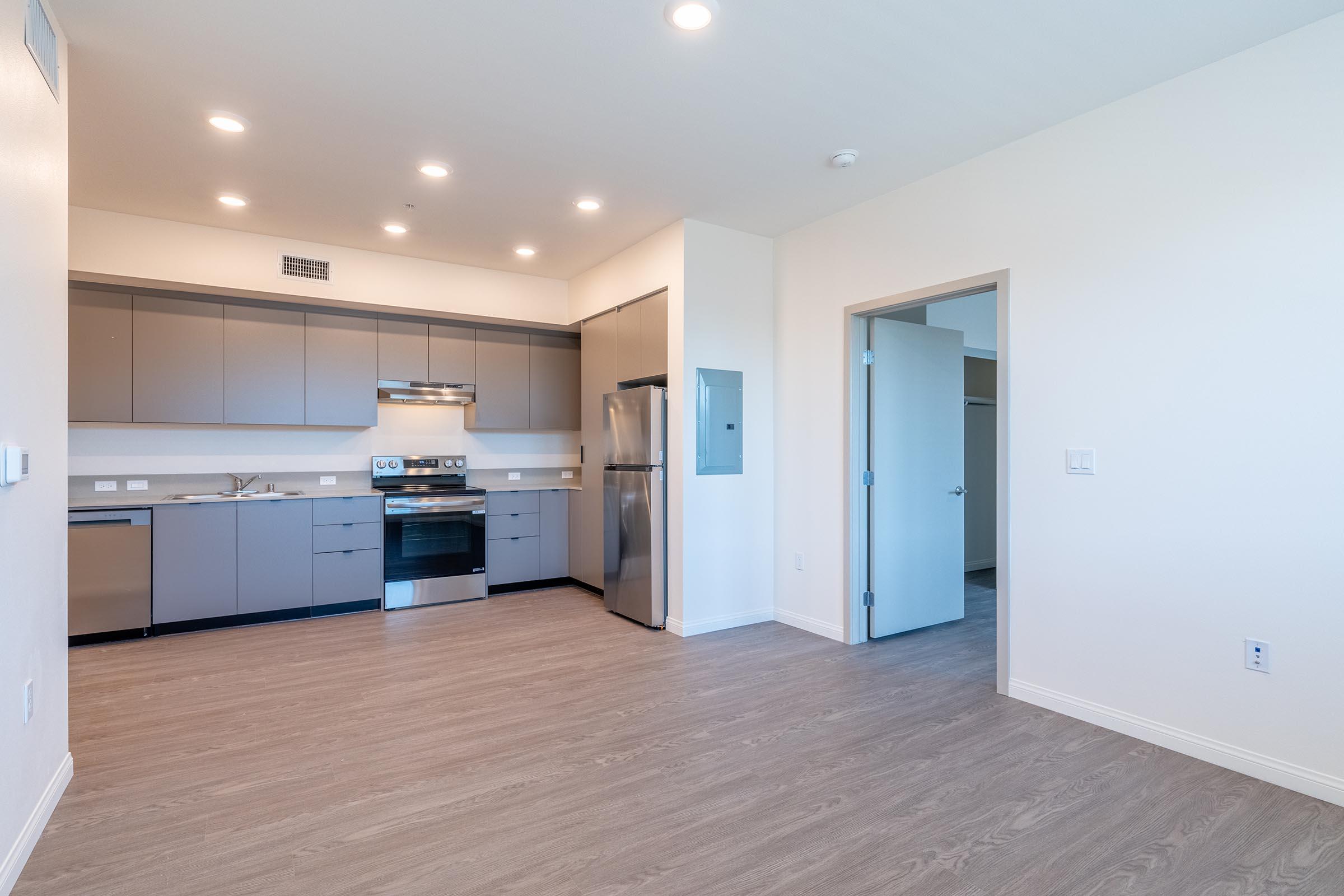 Modern kitchen featuring stainless steel appliances, gray cabinetry, and a large countertop. The open layout includes wood-like flooring and recessed lighting. A doorway leads to another room, and the space is well-lit with natural light. Walls are painted in a neutral color, creating a fresh, airy atmosphere.